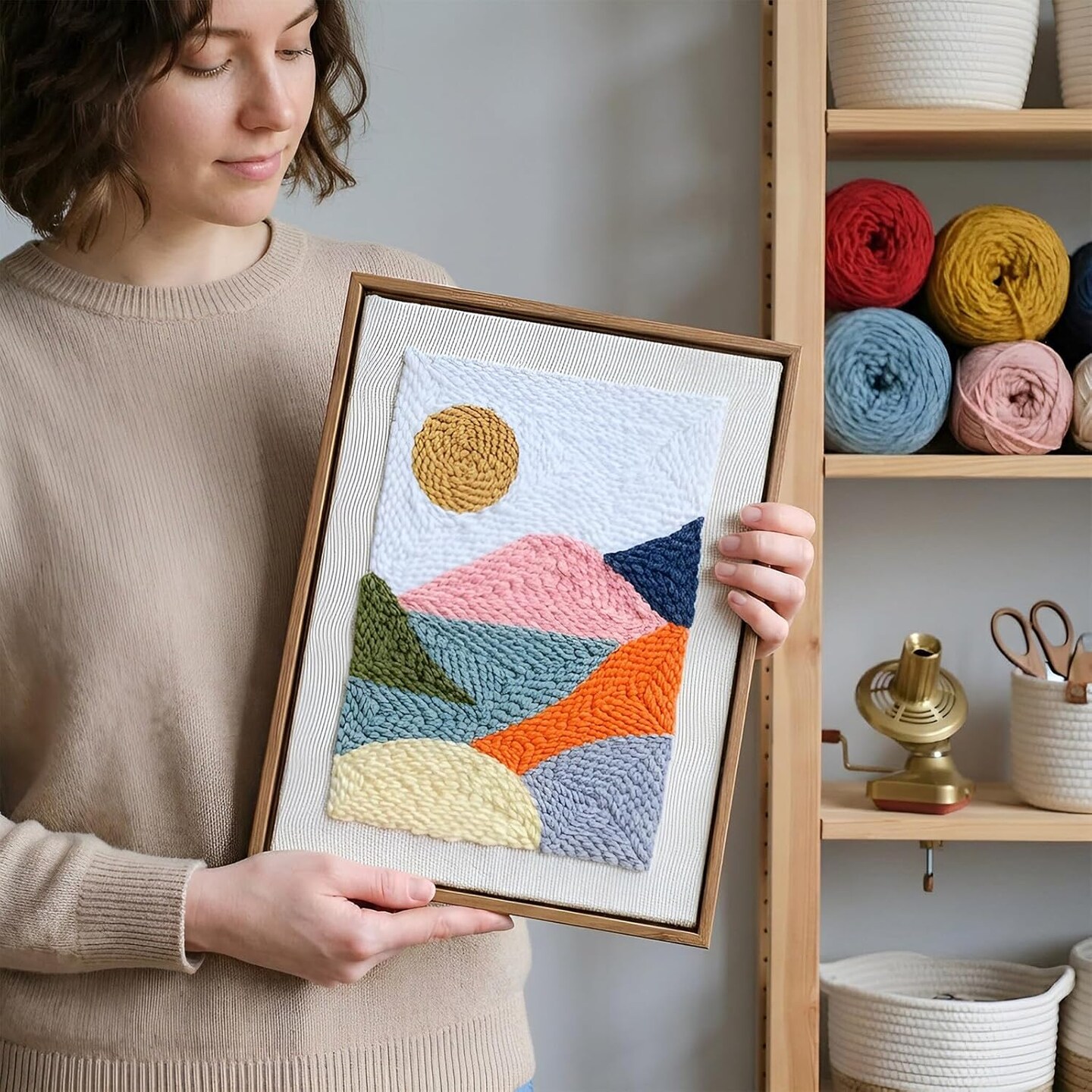 Punch Needle Rug Kit – 14"x10" Landscape Yarn Hooking Set for Beginners with Oxford Tool – Impression Sunrise Pattern DIY Craft Gift