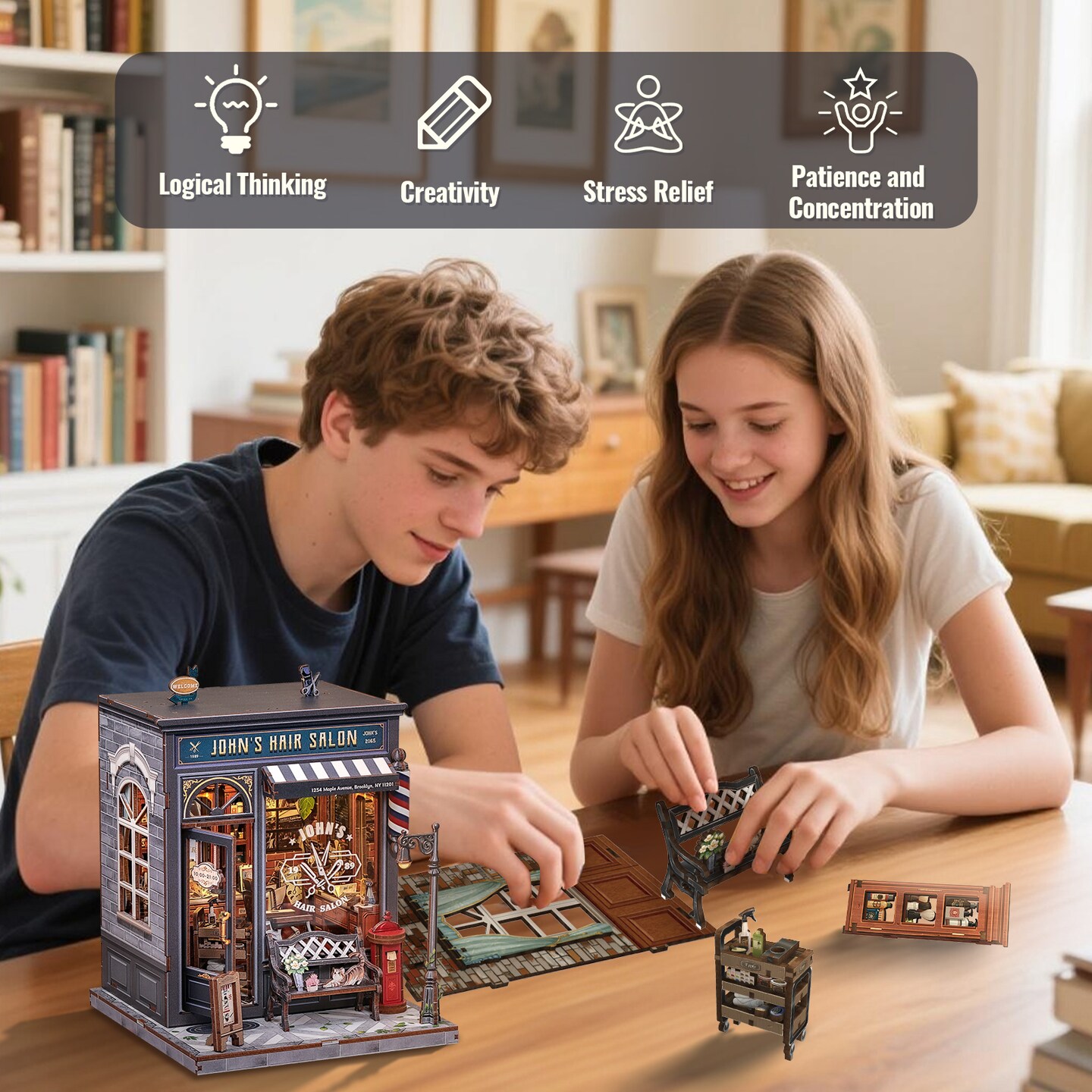 CUTEBEE Book Nook Kit John’s Hair Salon Barbershop DIY Miniature House Shelf Insert Decor Diorama Kit