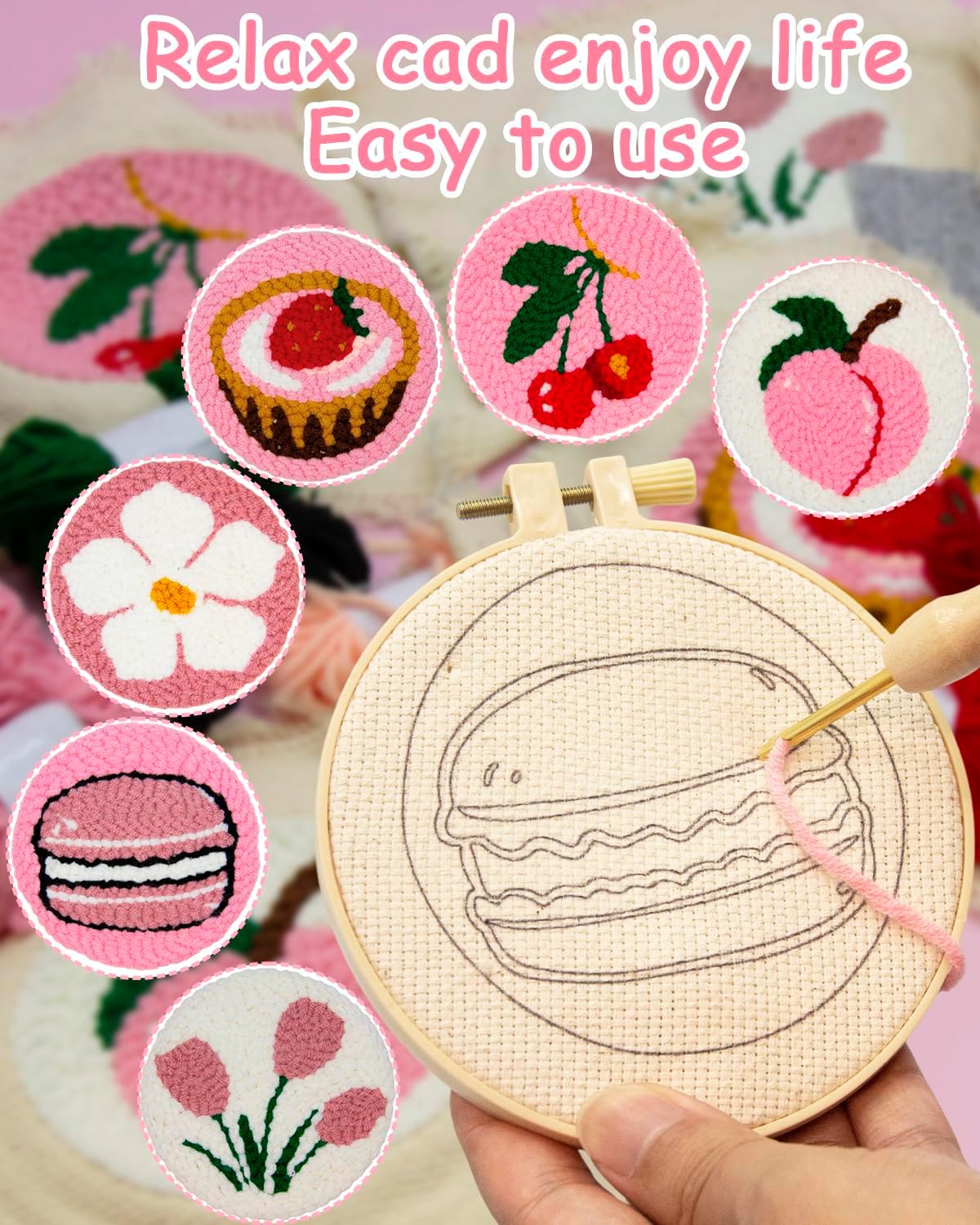 Punch Needle Kit for Beginners – 6-Pattern DIY Embroidery Set for Adults & Kids with Hoop, Yarn, Tools, and Instructions – Easy Tufted Rug & Coaster Craft Kit