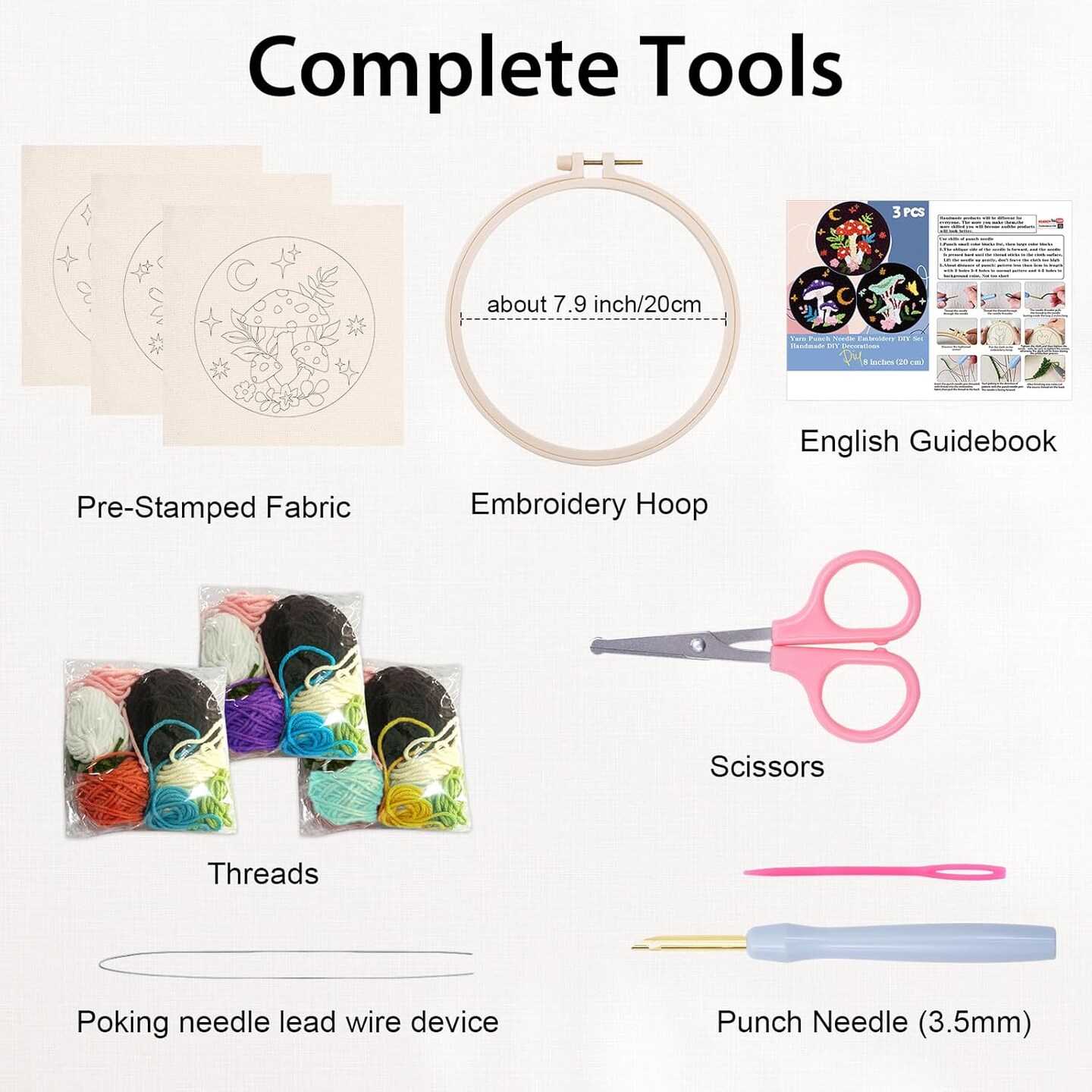 3-Pack Mushroom Punch Needle Kit for Beginners – DIY Embroidery Starter Set with Hoops, Pre-Printed Patterns, and Threads – Perfect Handmade Gift for Adults & Teens