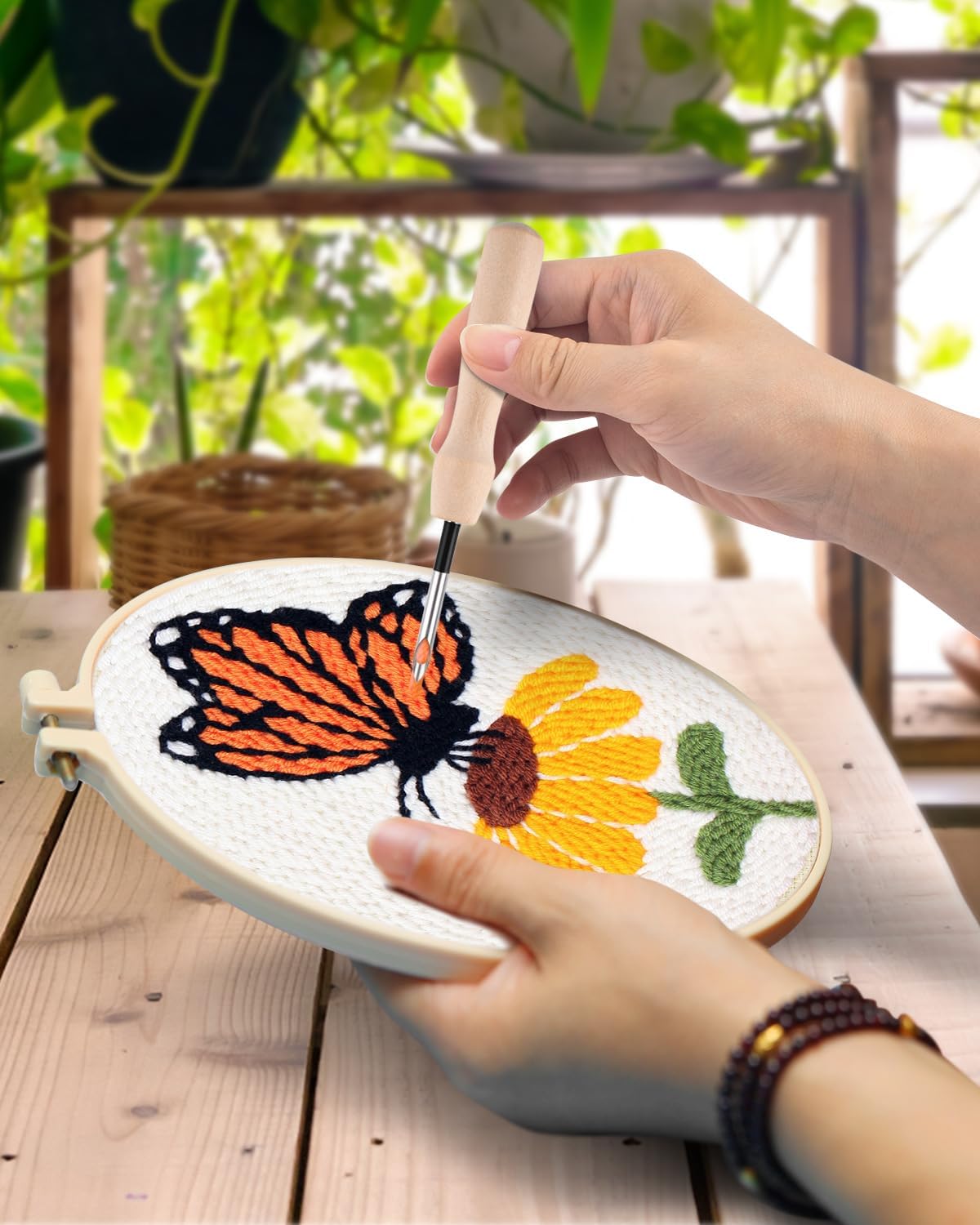 3-Set Flower Punch Needle Kit for Beginners – DIY Embroidery Kit with Pre-Printed Fabric, Hoop, Yarn, Punch Needle & Sewing Tools, Fun Craft Set for Adults & Kids