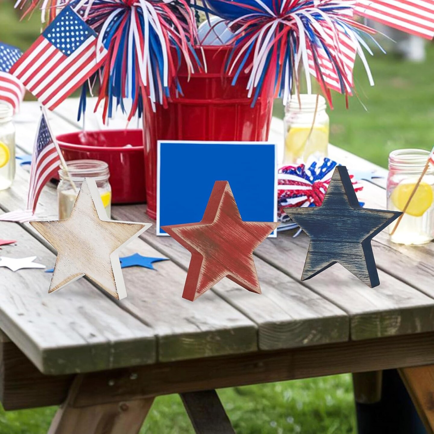 4th of July Decorations – 6-Piece Patriotic Wooden Star Set, Red, White & Blue Retro Table Decor for Tiered Trays, Home, Office, Memorial & Veterans Day