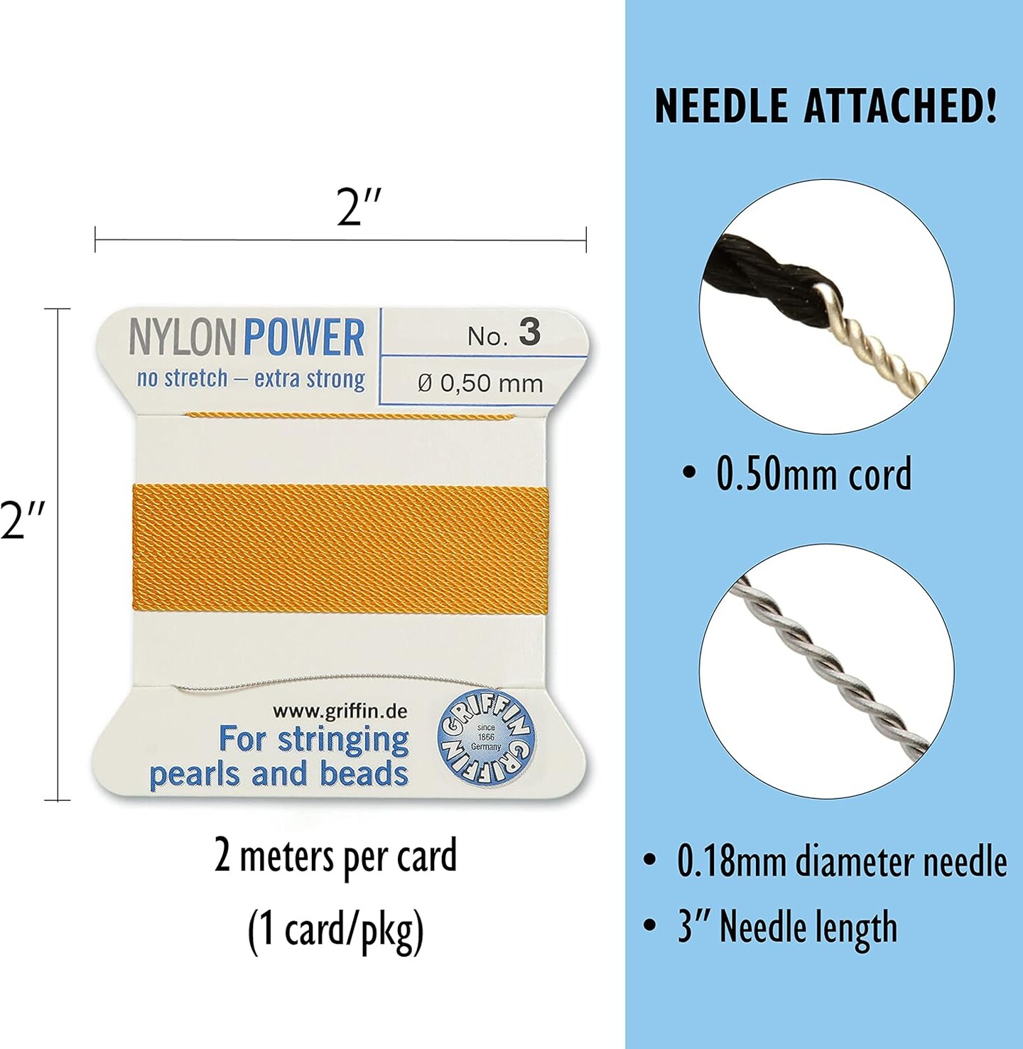Griffin Nylon Bead Cord Perlseide – Size 3 (0.50mm) – 2 Meters per Card – Stainless Steel Needle Attached – for Knotting Pearls, Gemstones, Crystals and Beads