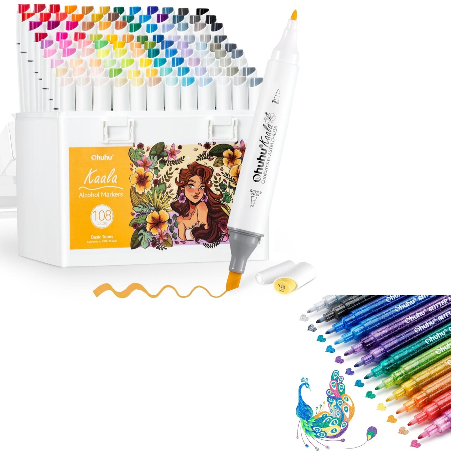 Ohuhu Kaala 108-Color Fine & Slim Broad Dual Tip Alcohol Marker Set + 12 Glitter Marker Pens