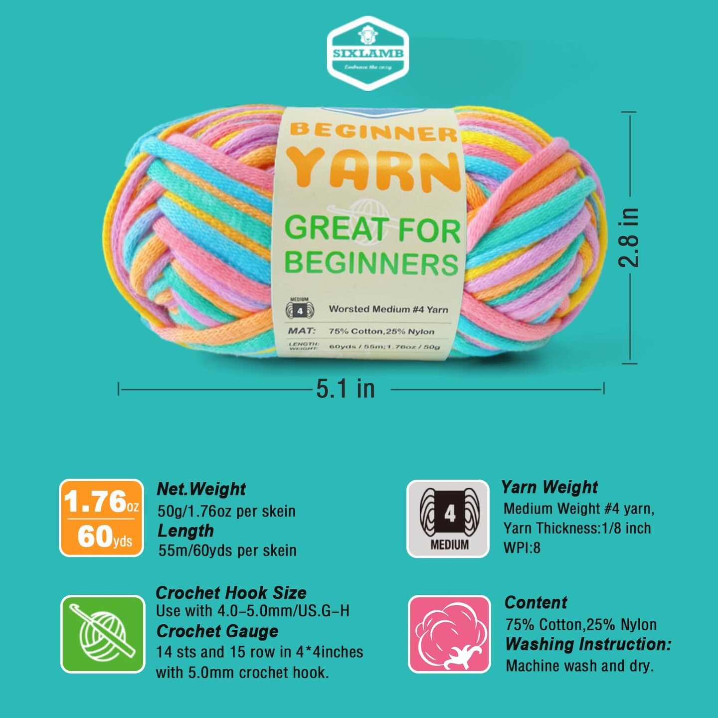 3-Pack Cotton-Nylon Beginner Yarn for Crocheting & Knitting – Worsted Medium #4, 3 × 50g / 1.76oz, 60yds Each – Easy-to-See Stitches, Amigurumi-Friendly Crochet Kit (Petal, Blue, Merry Pink)
