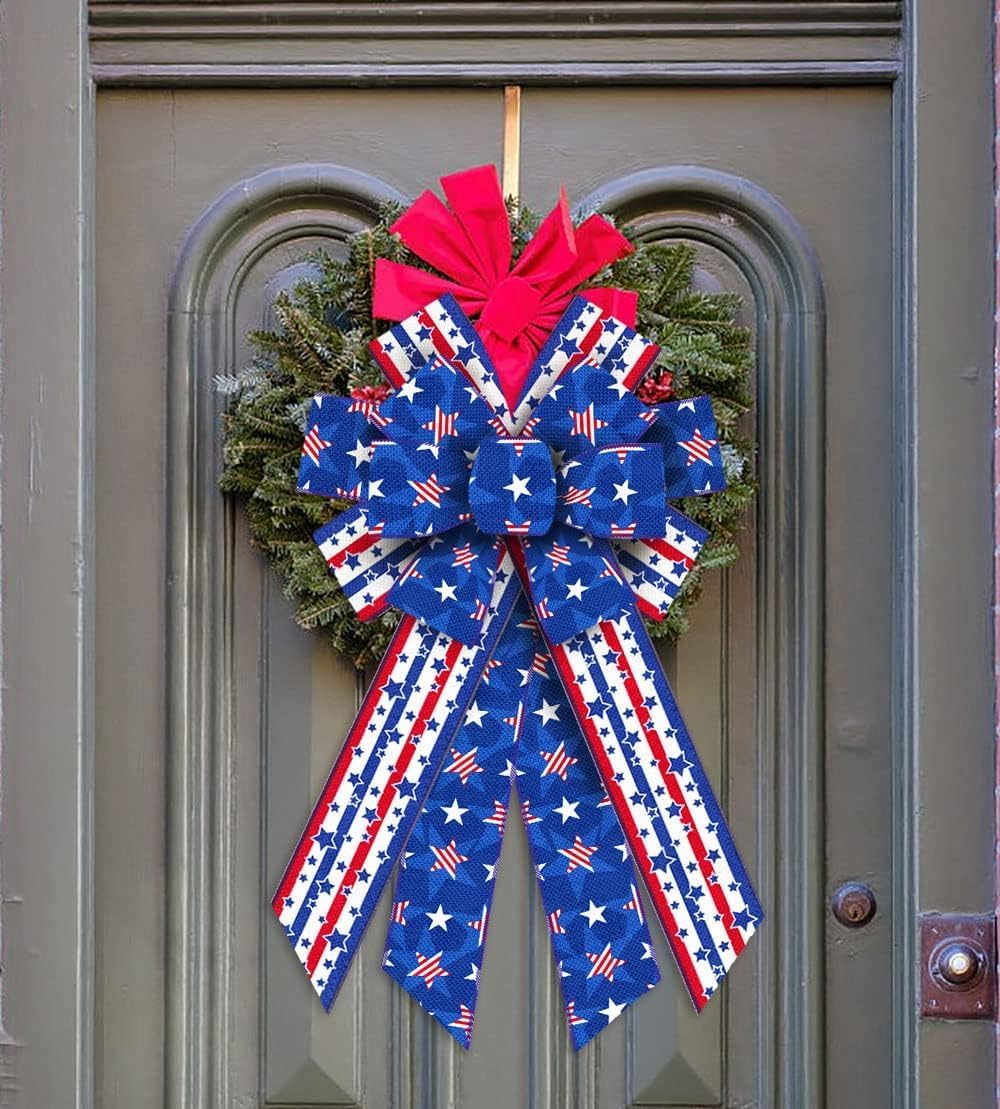 Large 4th of July Patriotic Wreath Bow – Red, White & Blue Stars and Stripes Burlap Bow, Memorial Day & Independence Day Tree Topper for Front Door, Indoor/Outdoor Holiday Decorations