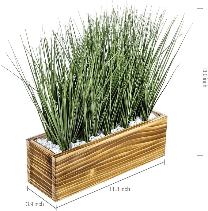 Artificial Grass Plants in Rustic Burnt Solid Wood Planter Box, 12 Inch Decorative Wooden Container with Faux Greenery Plant, Indoor Table Decor