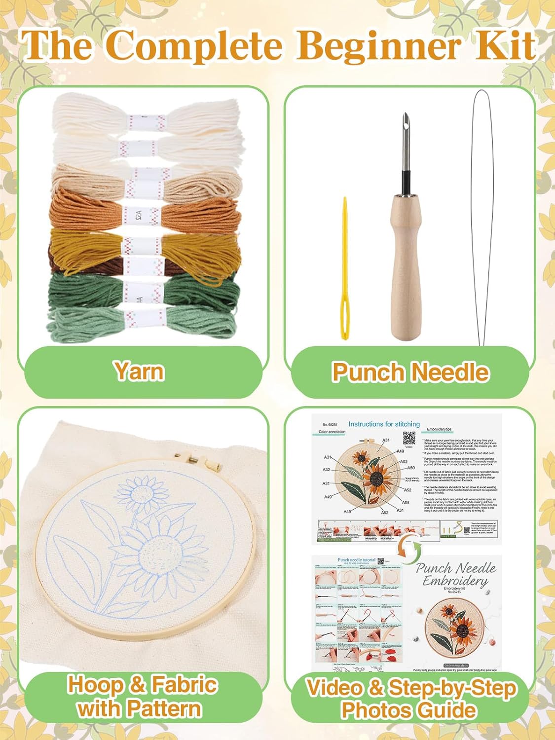 Punch Needle Kit for Adults & Beginners – DIY Spring Embroidery Set with Sunflower Pattern, Hoop, Yarn & Needle, Step-by-Step Instructions & Video Tutorial, Relaxing Craft Kit and Hobby Gift