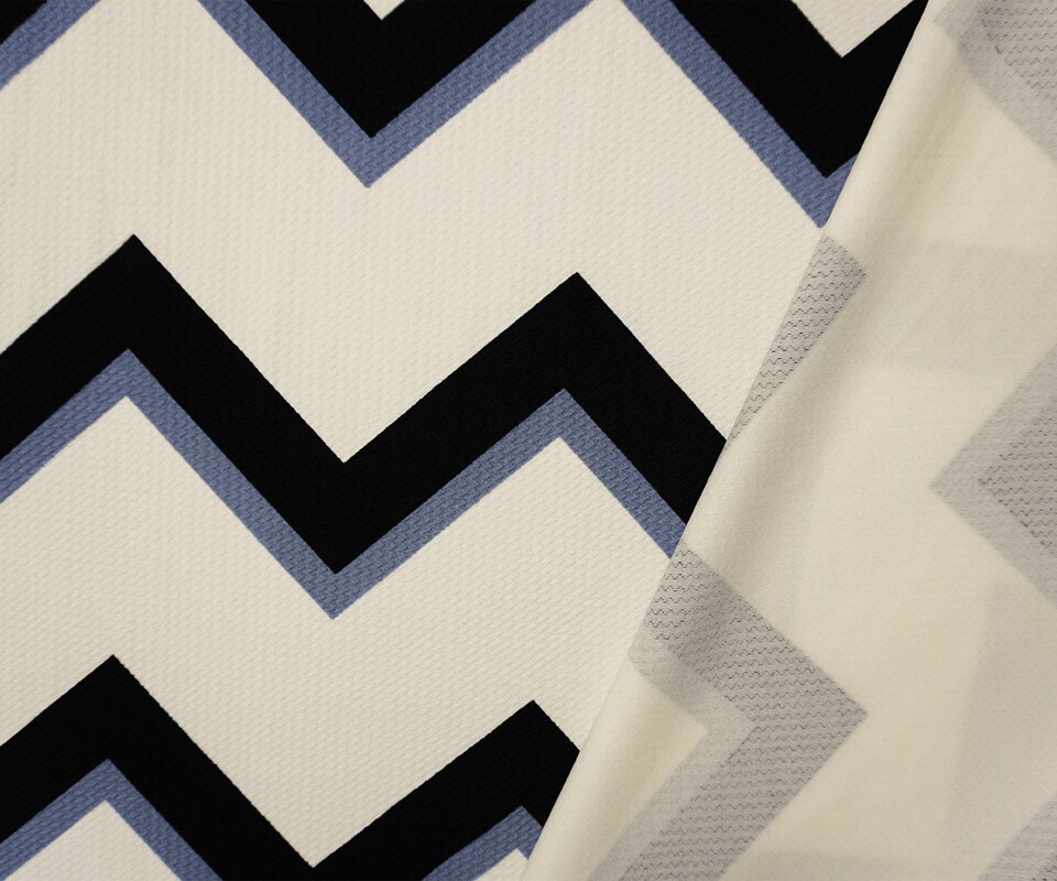 Ivory-Black-Gray Poly Chevron Print Liverpool Double Knit Fabric By the Yard