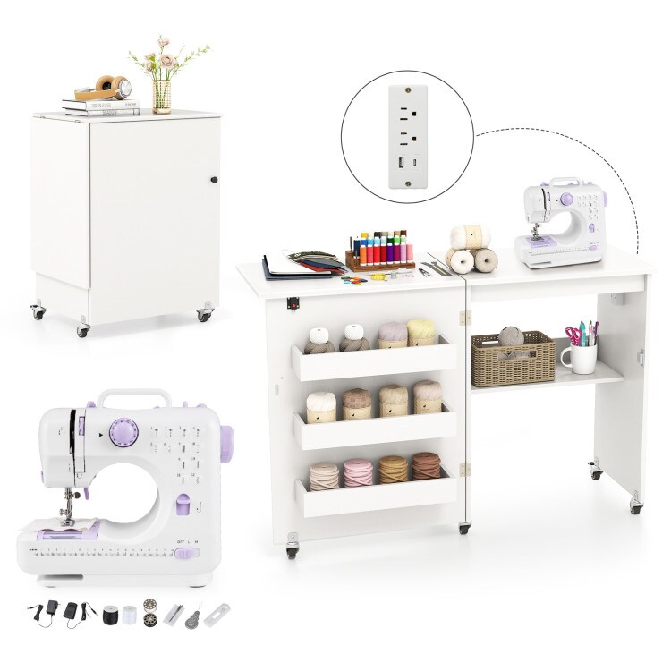 Portable Mobile Folding Sewing Cabinet with USB Charging Port and Multi-Tier Storage
