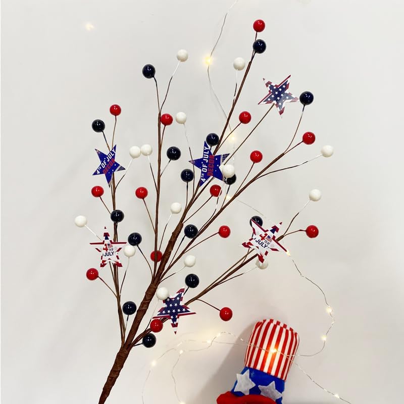 3 Pcs Patriotic Artificial Berry Stem Picks – Red, White & Blue Stars, 4th of July Independence Day Décor for Home, Office, Vase Arrangement (Blue)