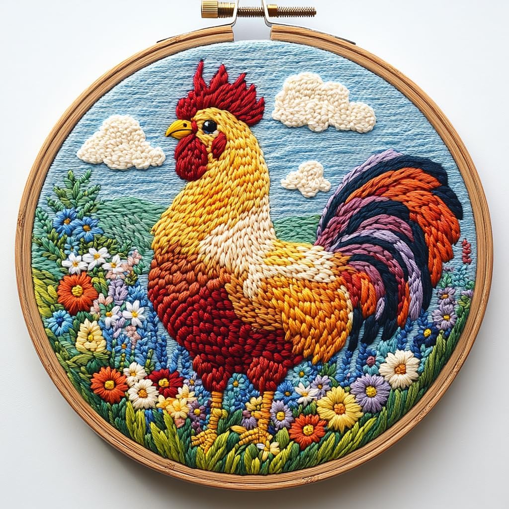 DIY Rooster Punch Needle Kit – Beginner-Friendly Embroidery Set with Hoop, Stamped Pattern, Yarn & Tools, Fun Craft Kit for Home Decor and Gifts