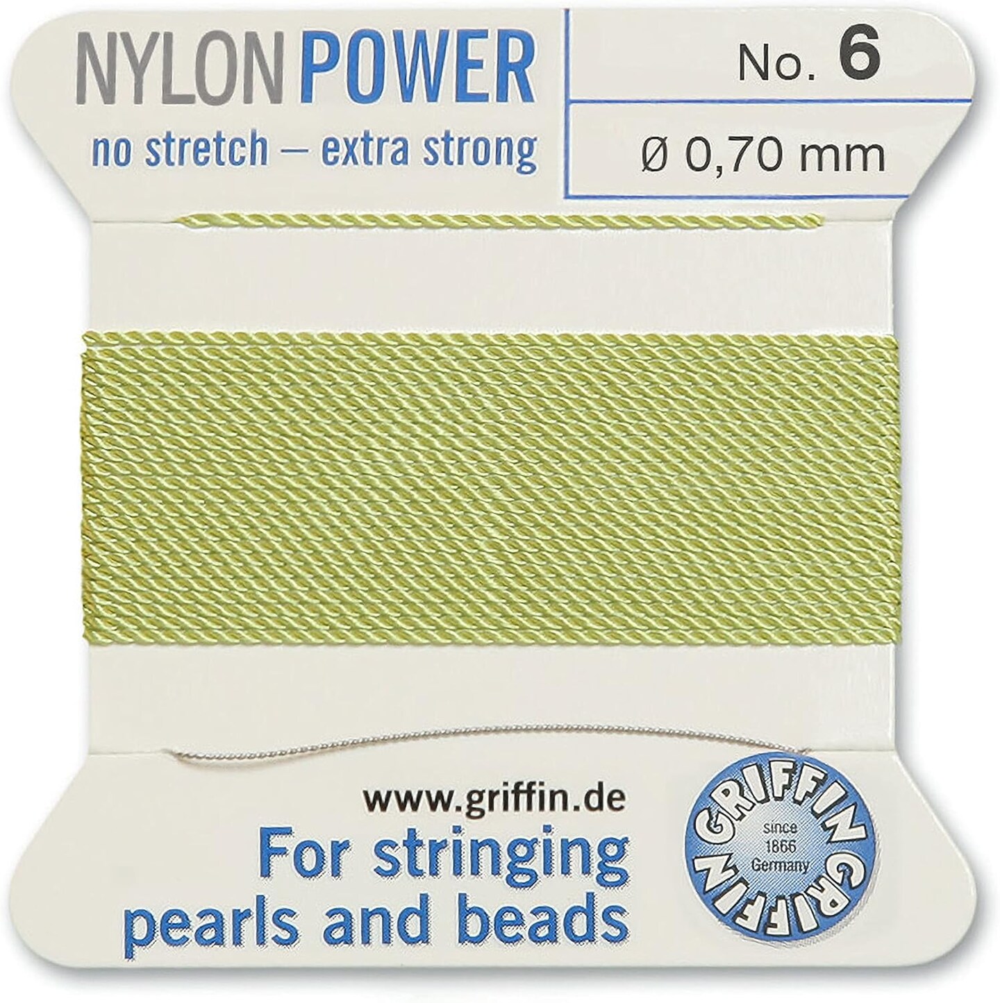 Griffin Nylon Bead Cord Perlseide – Size 6 (0.70mm) – 2 Meters per Card – Stainless Steel Needle Attached – for Knotting Pearls, Gemstones, Crystals and Beads
