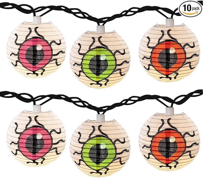 Halloween Lantern String Lights, 8.5Ft LED White Eye Lantern String Lights Plug in, 10 Halloween Lanterns String Light Connectable Indoor/Outdoor Decoration