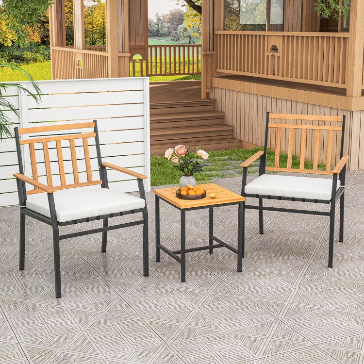 Outdoor Patio Furniture Set Acacia Wood 3 Piece Chairs Coffee Table Cushion Set
