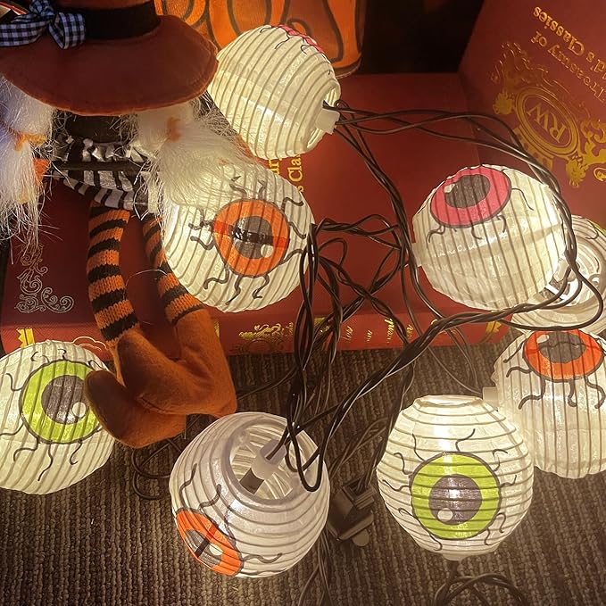 Halloween Lantern String Lights, 8.5Ft LED White Eye Lantern String Lights Plug in, 10 Halloween Lanterns String Light Connectable Indoor/Outdoor Decoration