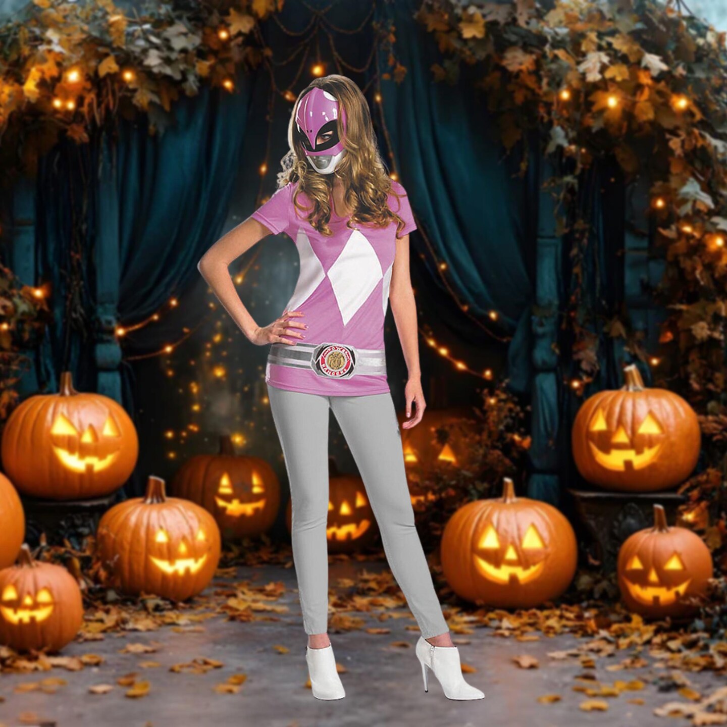 Women&#x27;s Pink Power Ranger Costume Printed Shirt With Character Mask