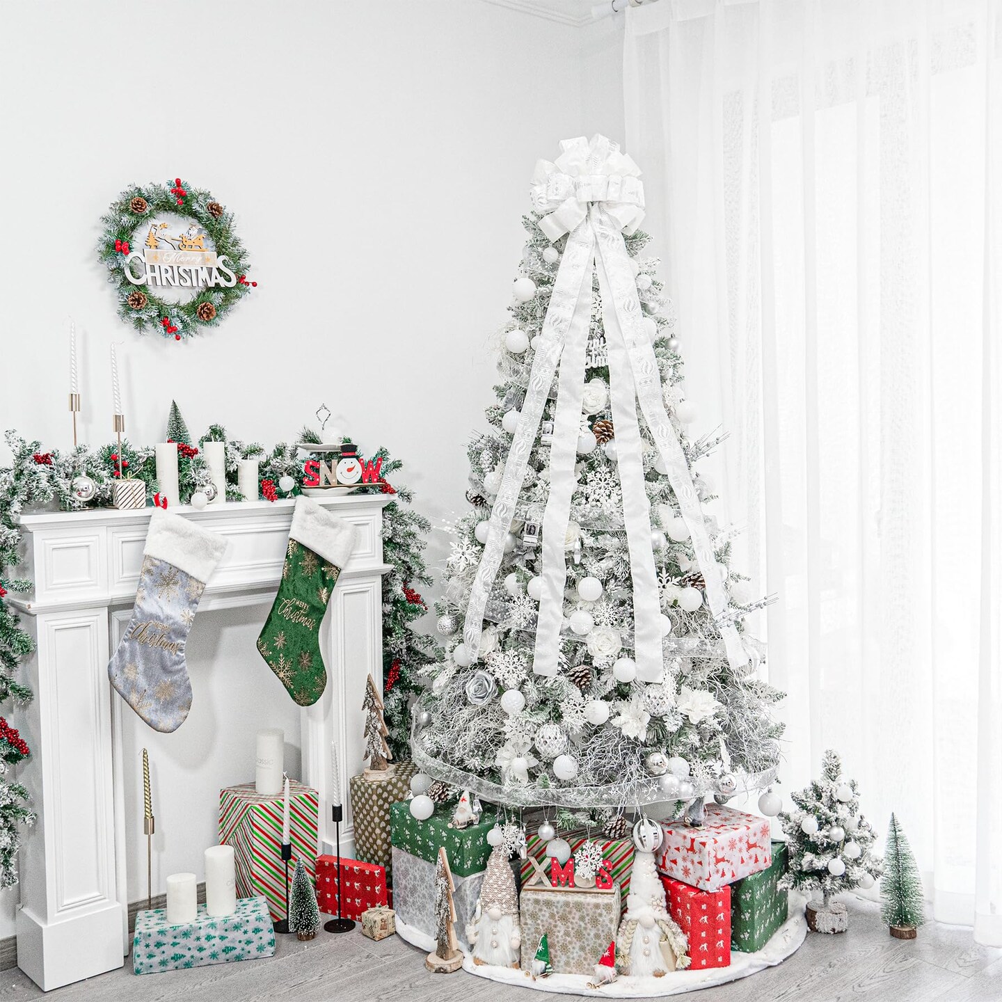 Hismir Christmas Tree Topper Bow&#xFF0C;53x13 Inches Large Christmas Bow with Glitter Streamer and Patterned Ribbon&#xFF0C;Decorative Bows for Xmas Tree Wreath Door Festival Home Decor(White)