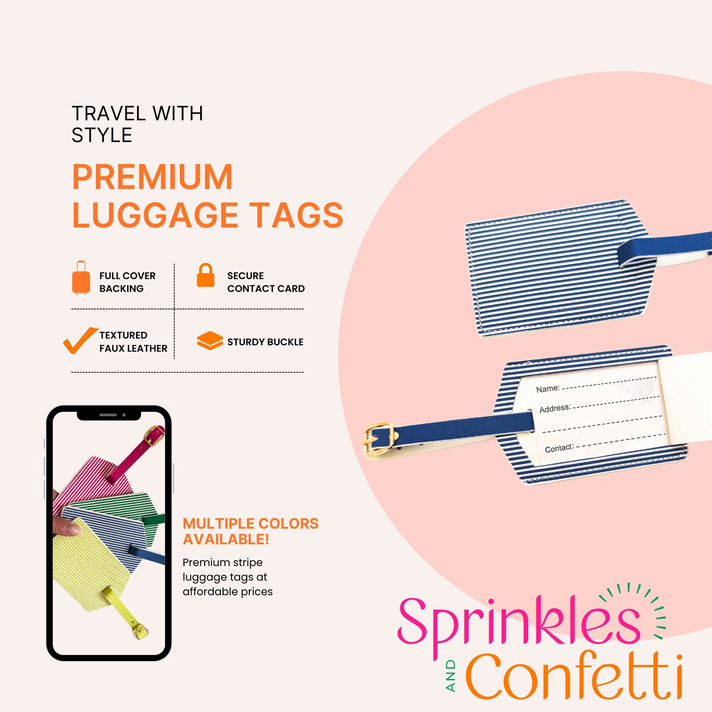 Navy Stripe Luggage Tag Set | Vegan Leather Travel Accessory | 2-Pack