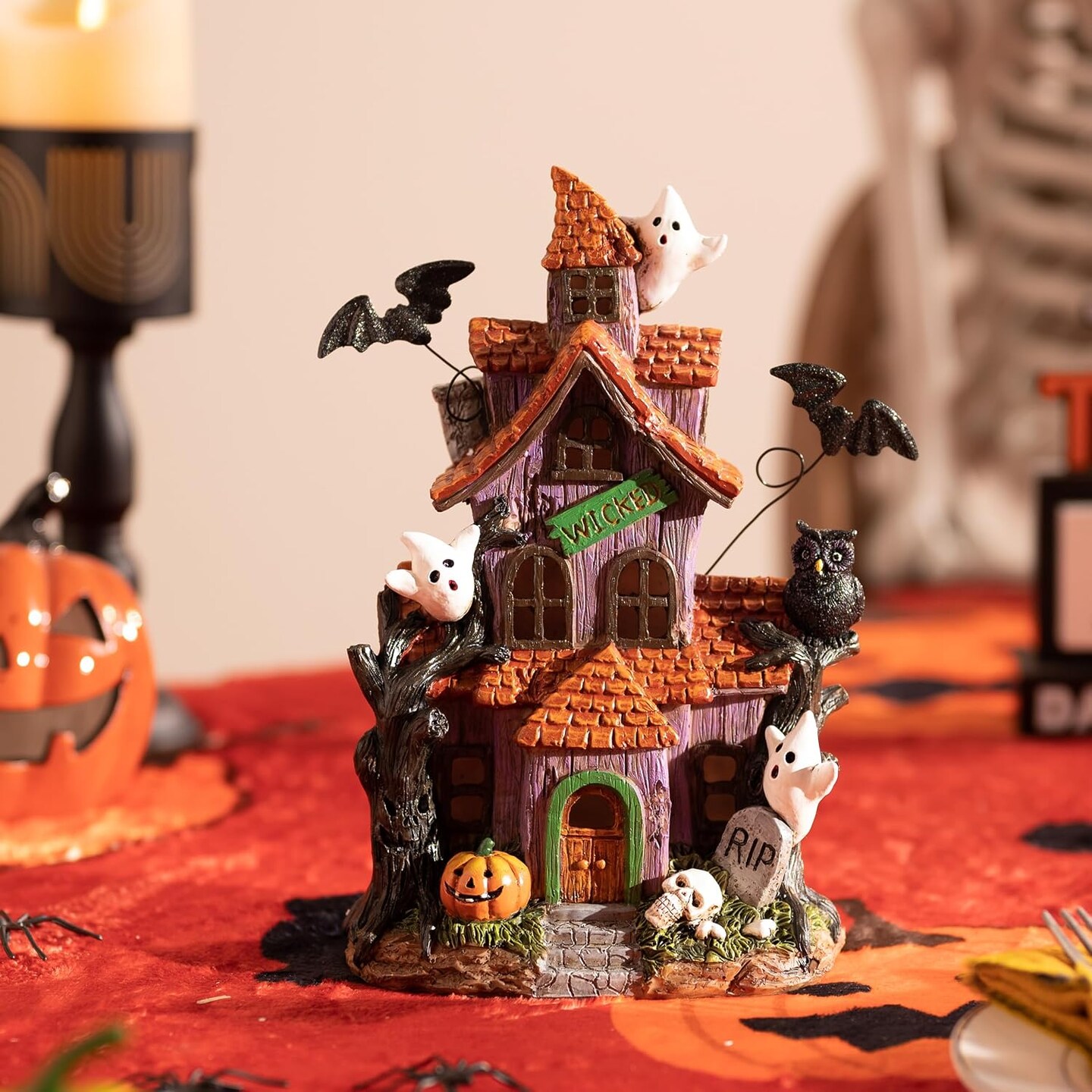 Lighted Halloween Village House Decorations 9 Inch, LED Haunted