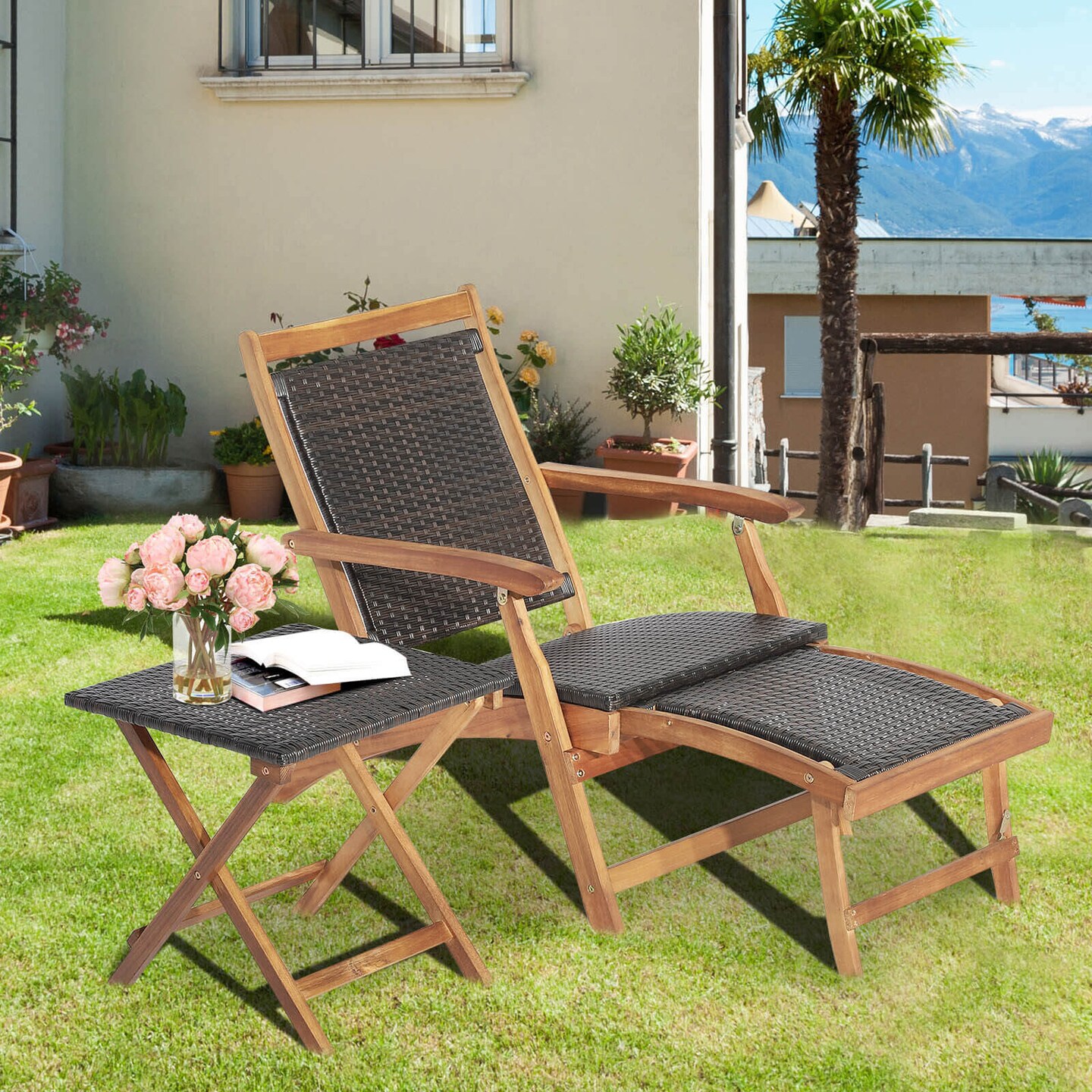 Patio Rattan Folding Chairs with Acacia Wood Table, 2-Piece Outdoor Set