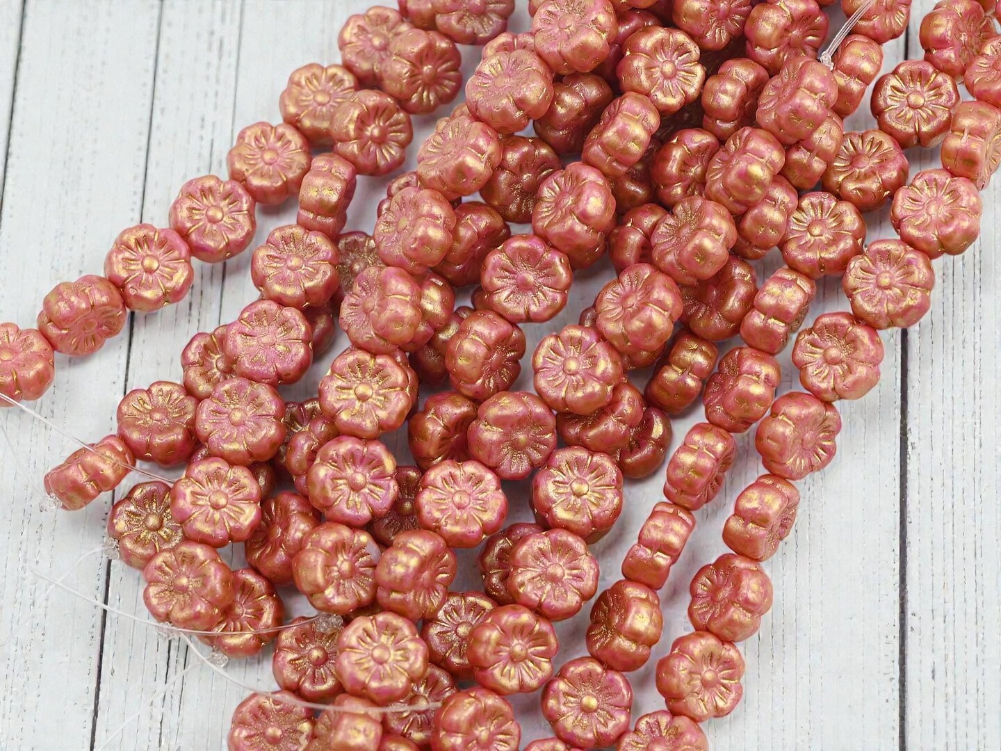 *12* 8mm Bronze Washed Opaque Rose Pink Hibiscus Flower Beads