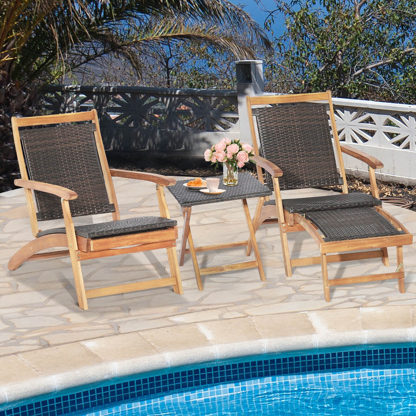 Patio Rattan Folding Chairs with Acacia Wood Table, 2-Piece Outdoor Set