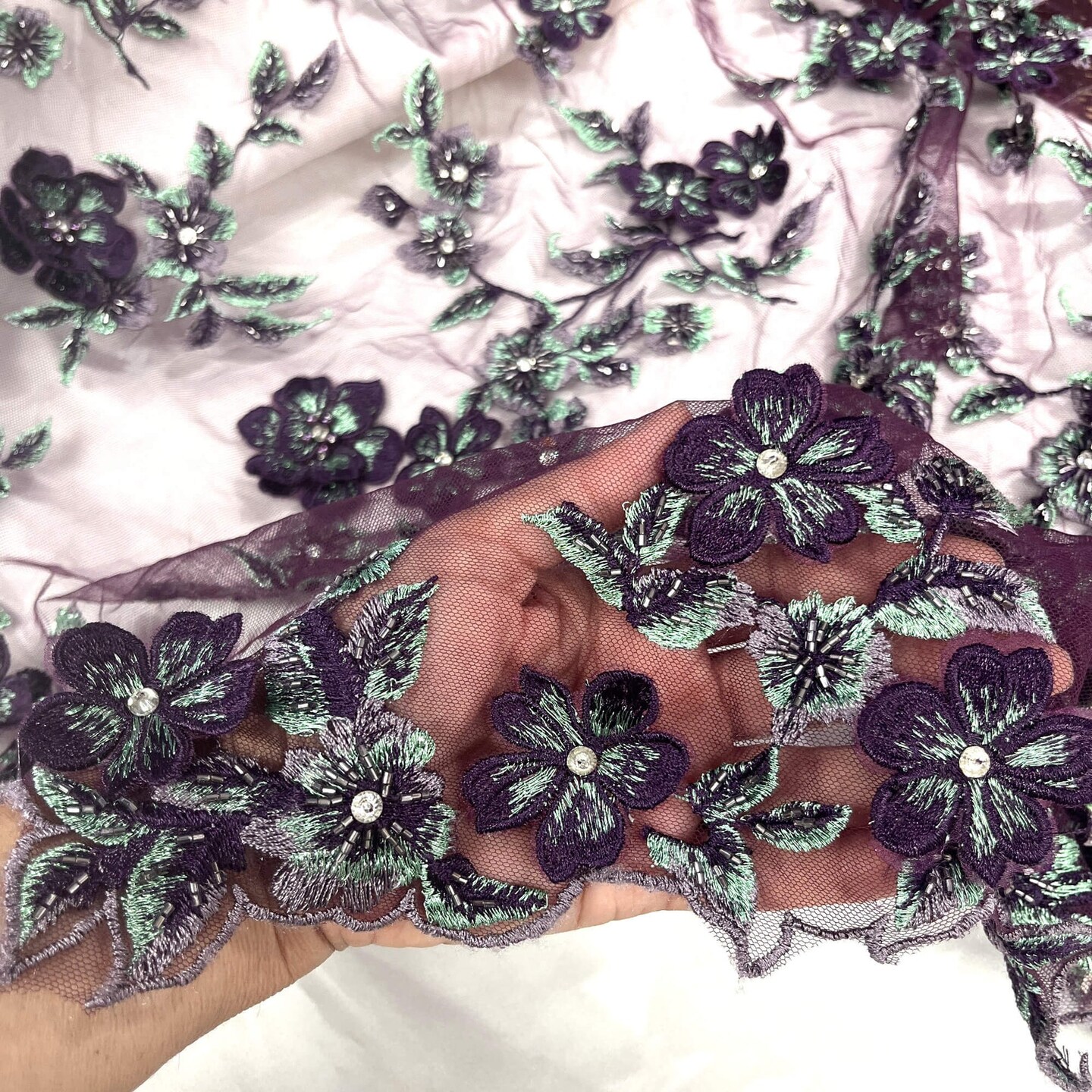 1 Yard 3D Beaded Floral Lace Fabric, Embroidered Mesh with Rhinestones &#x26; Scalloped Edges