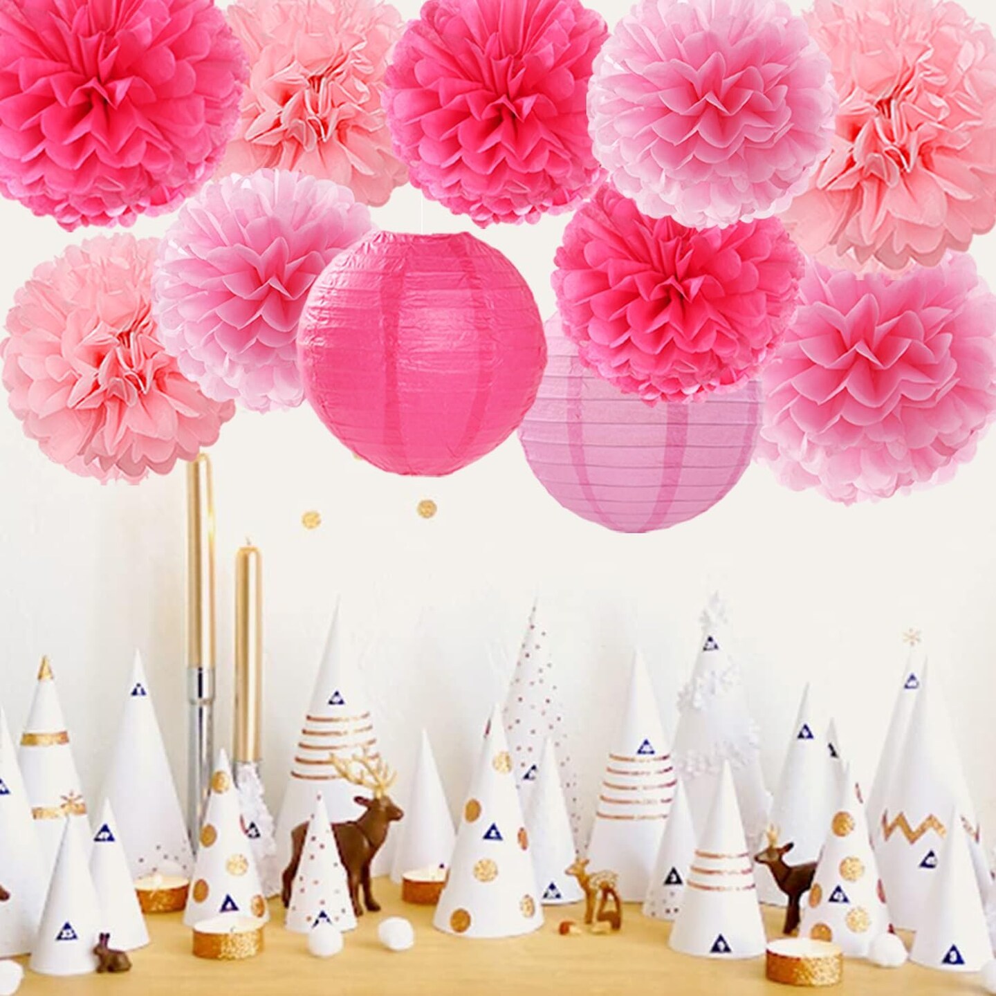 Tissue Pom Poms Honeycomb Balls Lanterns 15pcs Party Decorations(Pink)