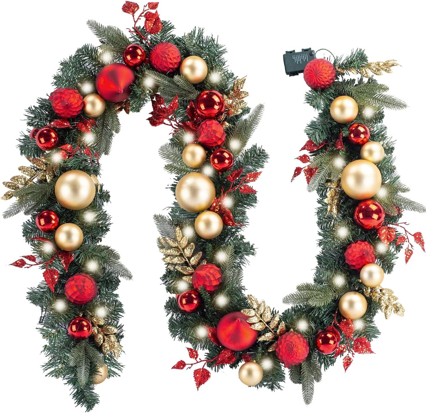 9 Feet Pre-Lit Christmas Garland with Lights & Balls - 50 LED (Red Gold)