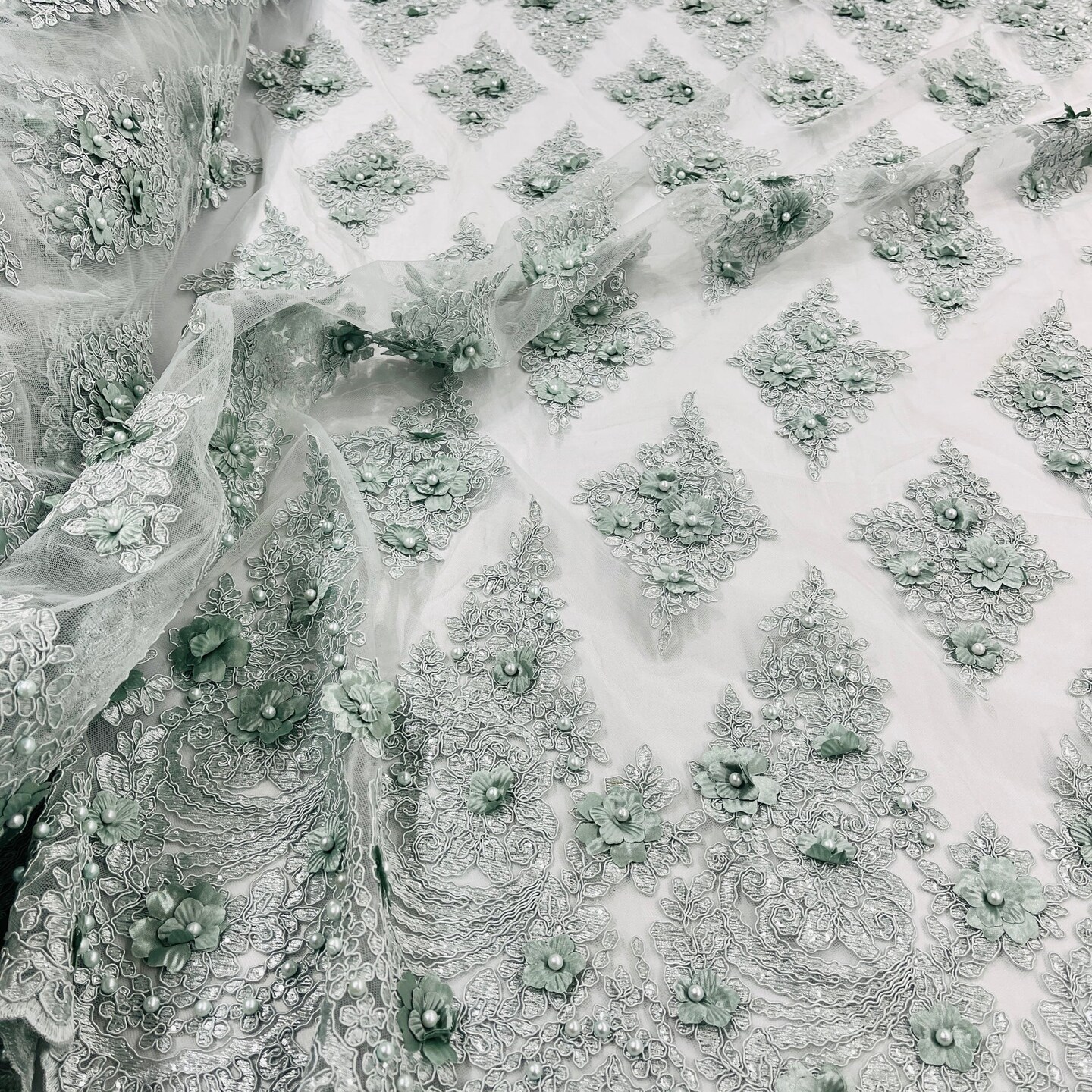 1 Yard Wine Beaded 3D Floral Lace Fabric Embroidered Polyester Net Mesh 51 Inch Width