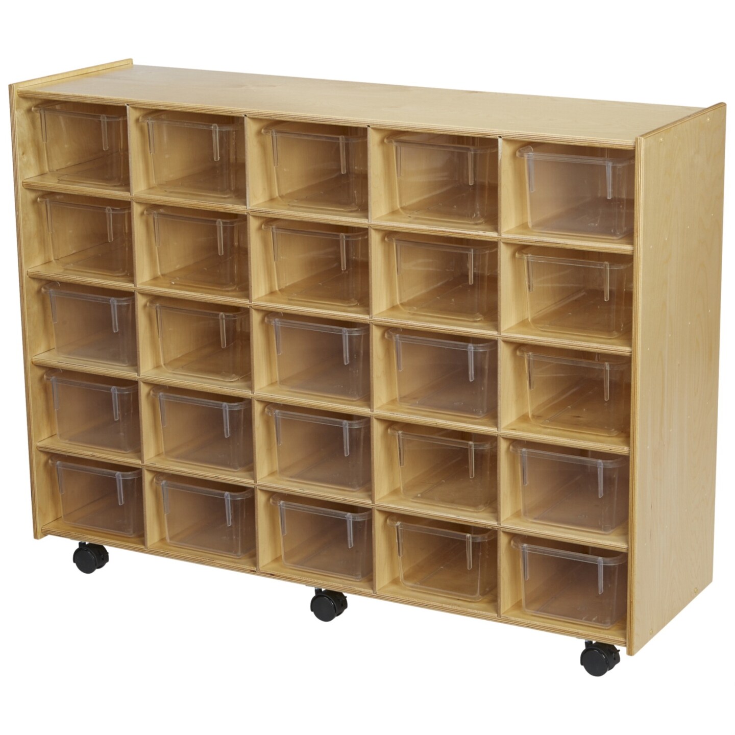 Childcraft Mobile Cubby Unit With Locking Casters, 25 Clear Trays, 47-3/4 x 14-1/4 x 36 Inches