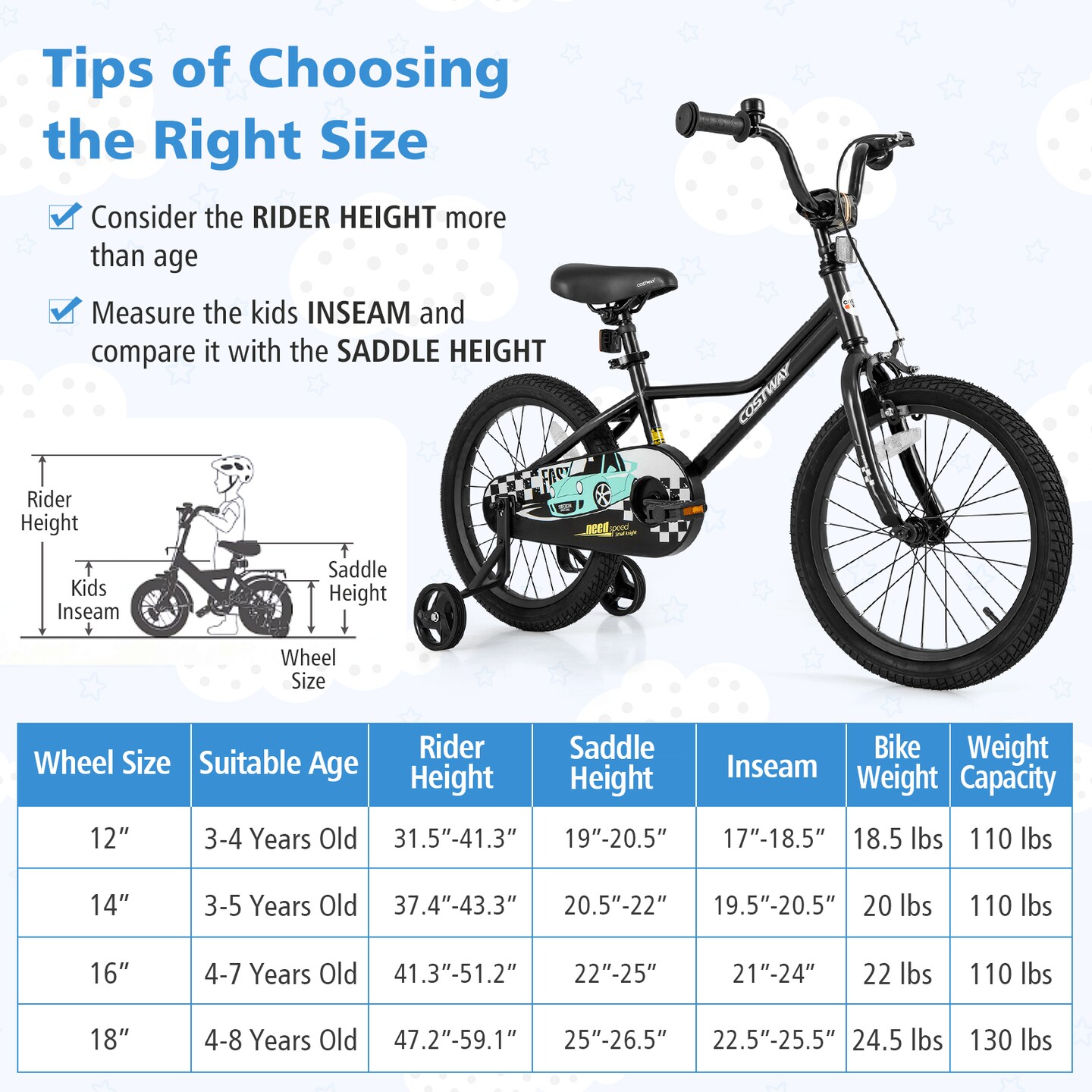 Children’s Bicycle with Hand and Coaster Brake Adjustable Saddle Steel Frame Ideal for Boys and Girls