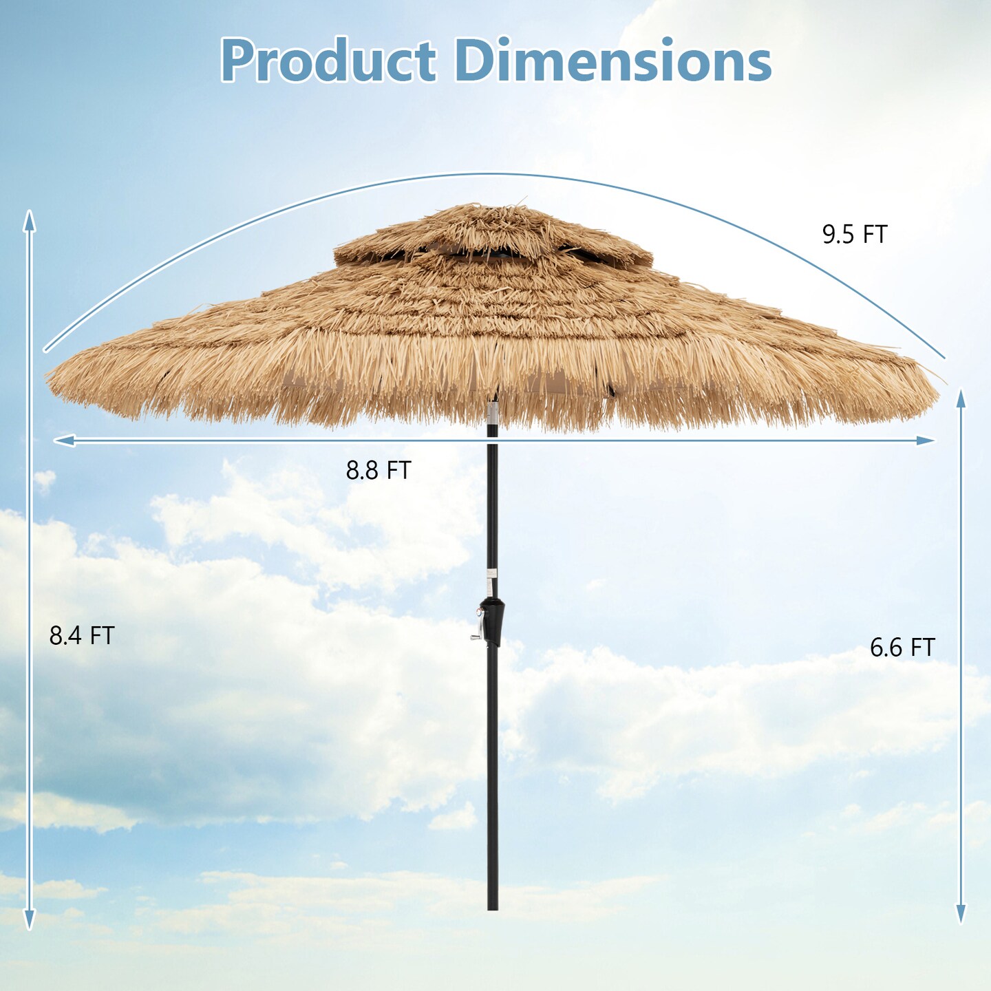 9 Feet Solar Patio Umbrella with LED Lights Natural Thatch Roof and Tilt Crank for Backyard Use