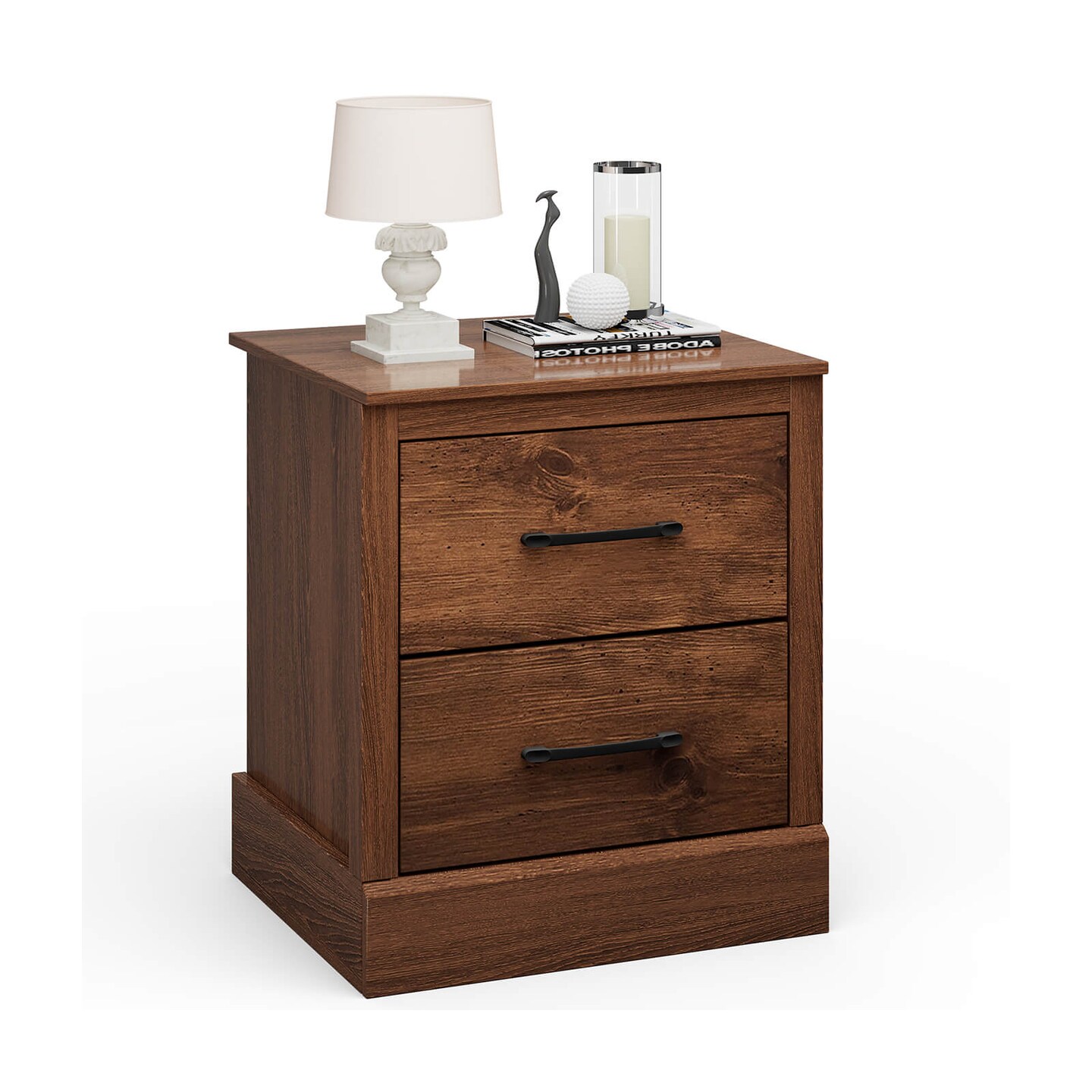 Rustic Walnut Nightstand with Two Pull-Out Drawers and Spacious Tabletop Perfect for Living Room or Bedroom