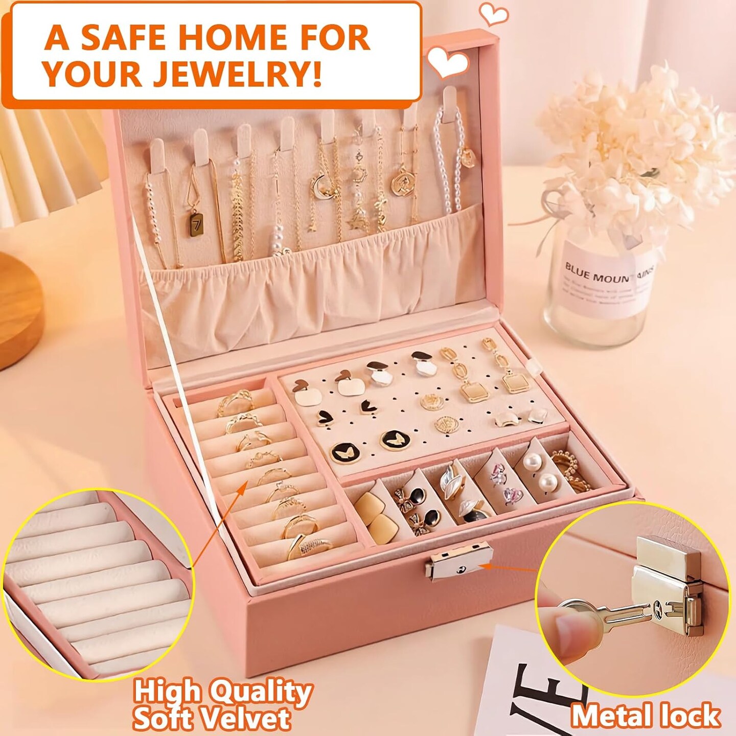Jewelry Organizer Box PU Leather Jewelry Box for Girls Womens Earring Organizer Boxes 2 Layer Large Jewelry Storage Case Removable Tray for Necklace Earring Ring with Polishing Cloth and Jewelry Bags
