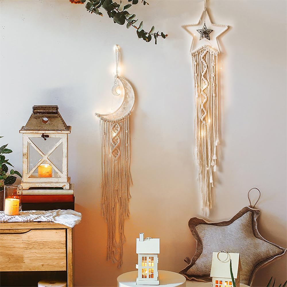 Boho Macrame Woven Wall Hanging (Star and Moon-white)