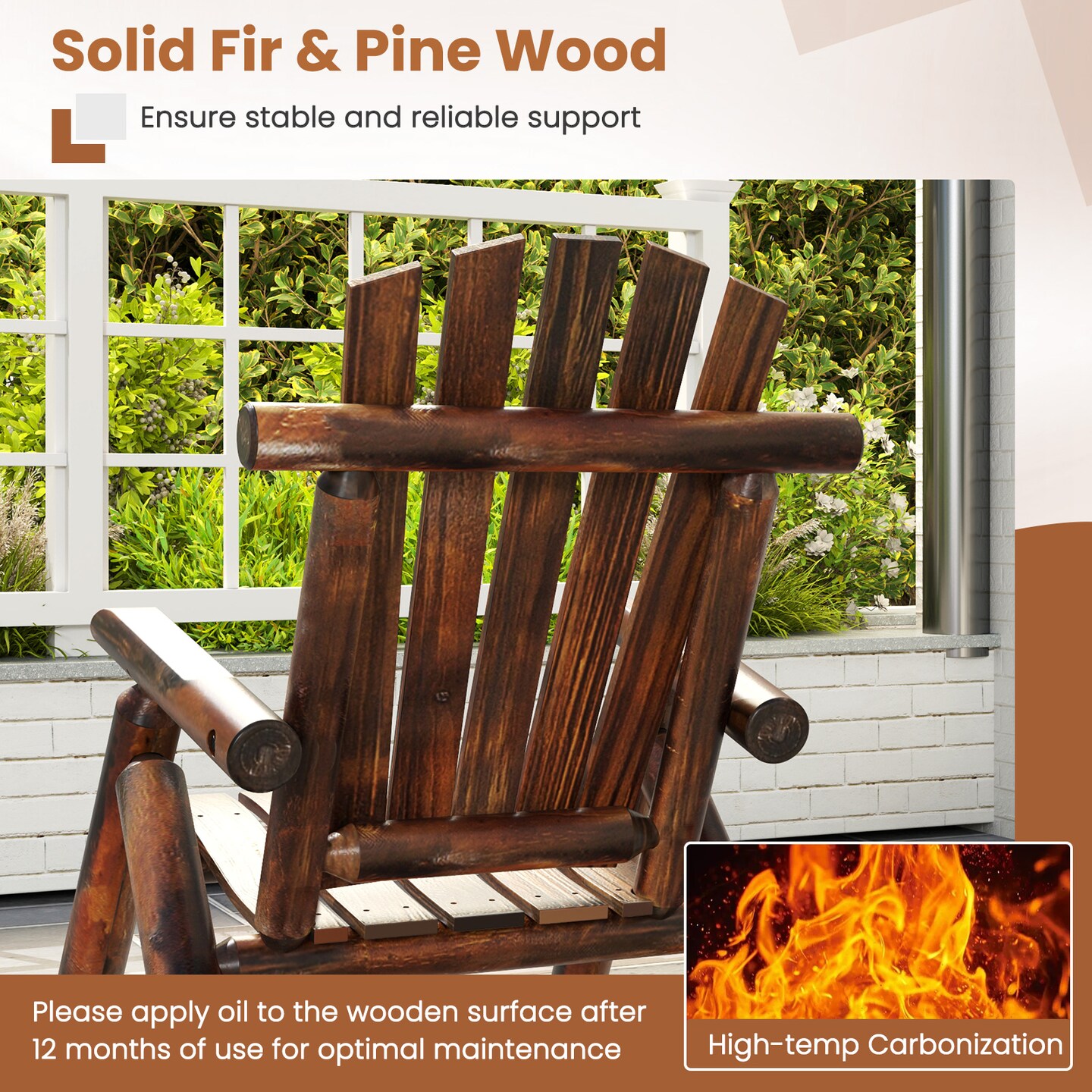 Brown Solid Fir &#x26; Pine Wood Adirondack Patio Rocking Chair
