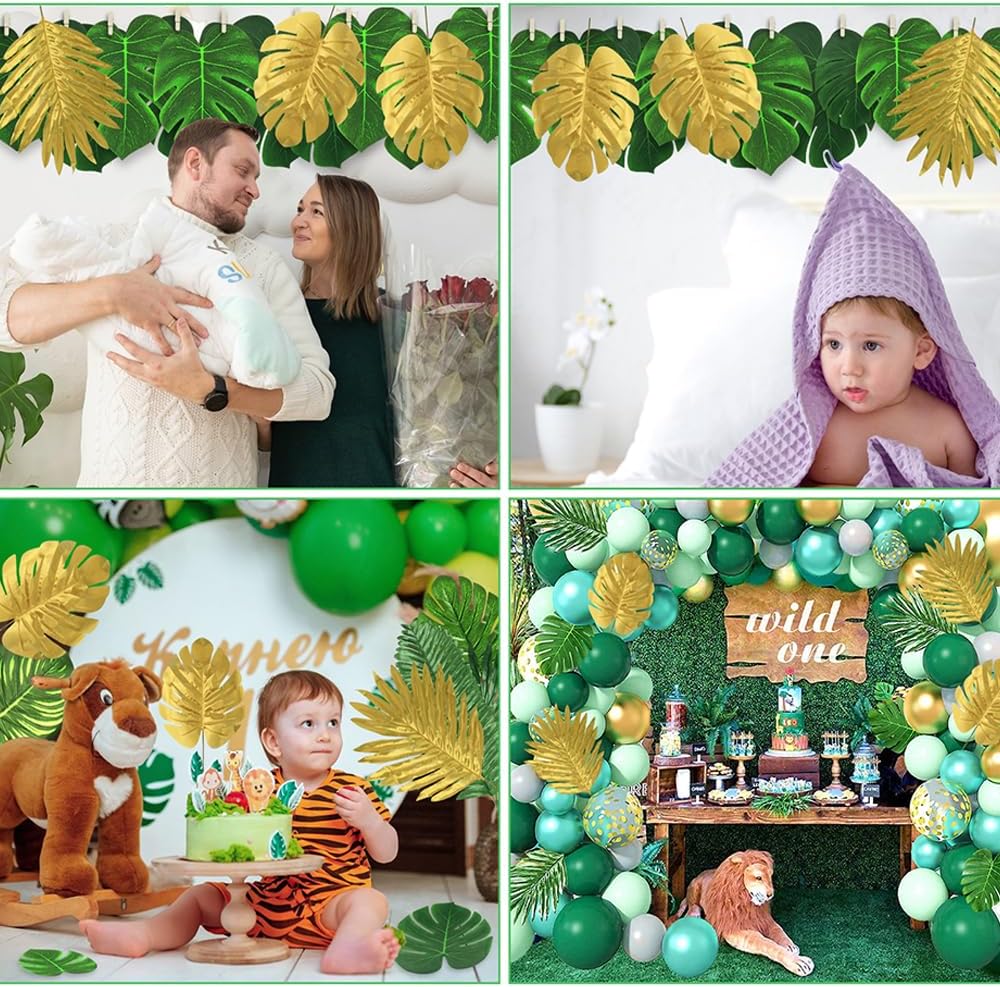 72 Pieces 10 Kinds Artificial Palm Leaves Golden Tropical Leaves with Stems Jungle Leaves Decorations for Hawaiian Luau Party Beach Baby Shower Wedding Birthday