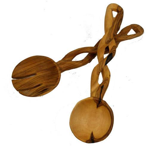 9” Olive Wood Salad Servers Rustic Hand Carved Wooden Serving Utensils with Grain Detail