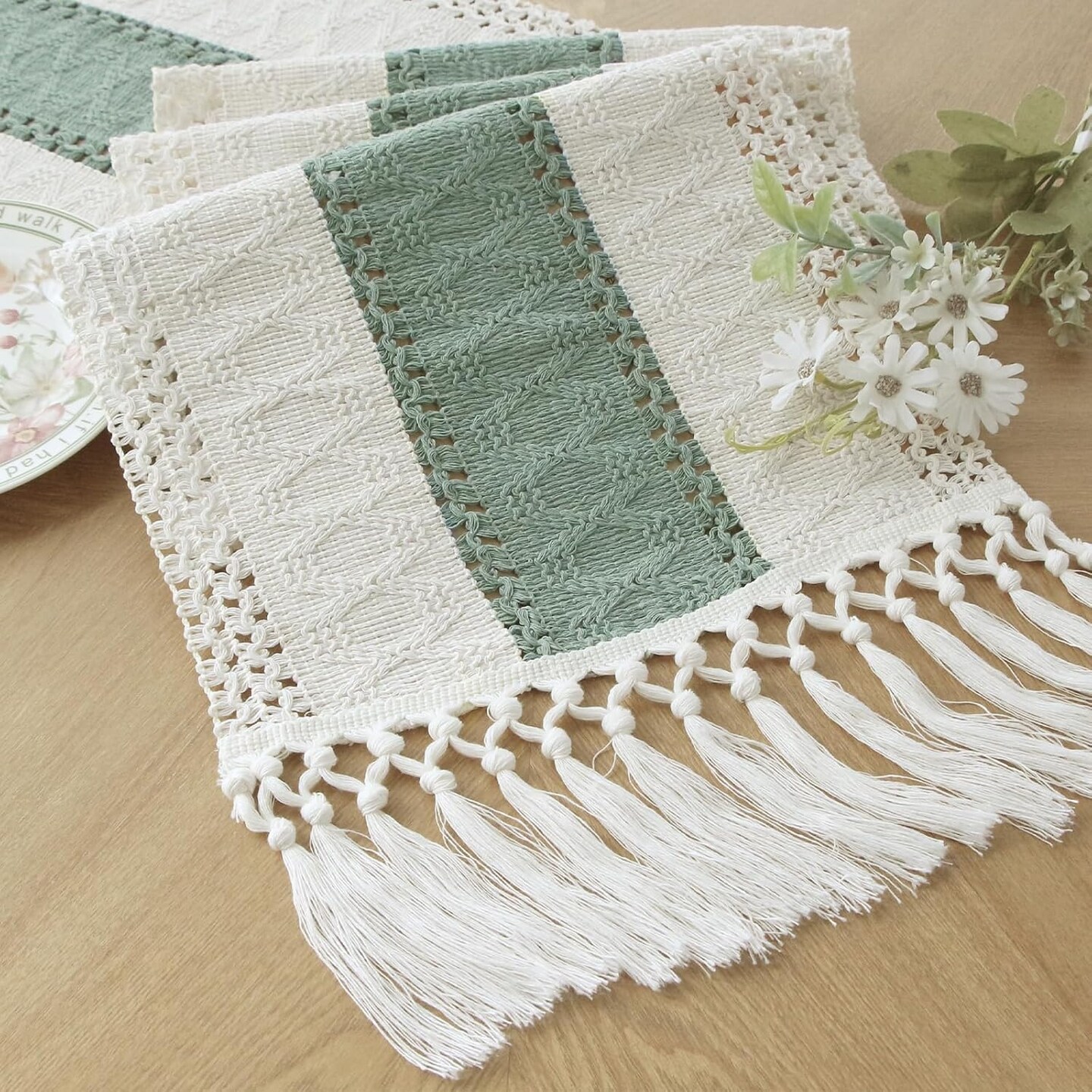 Boho Macrame Sage Green Table Runner with Tassels (12x72 Inches)