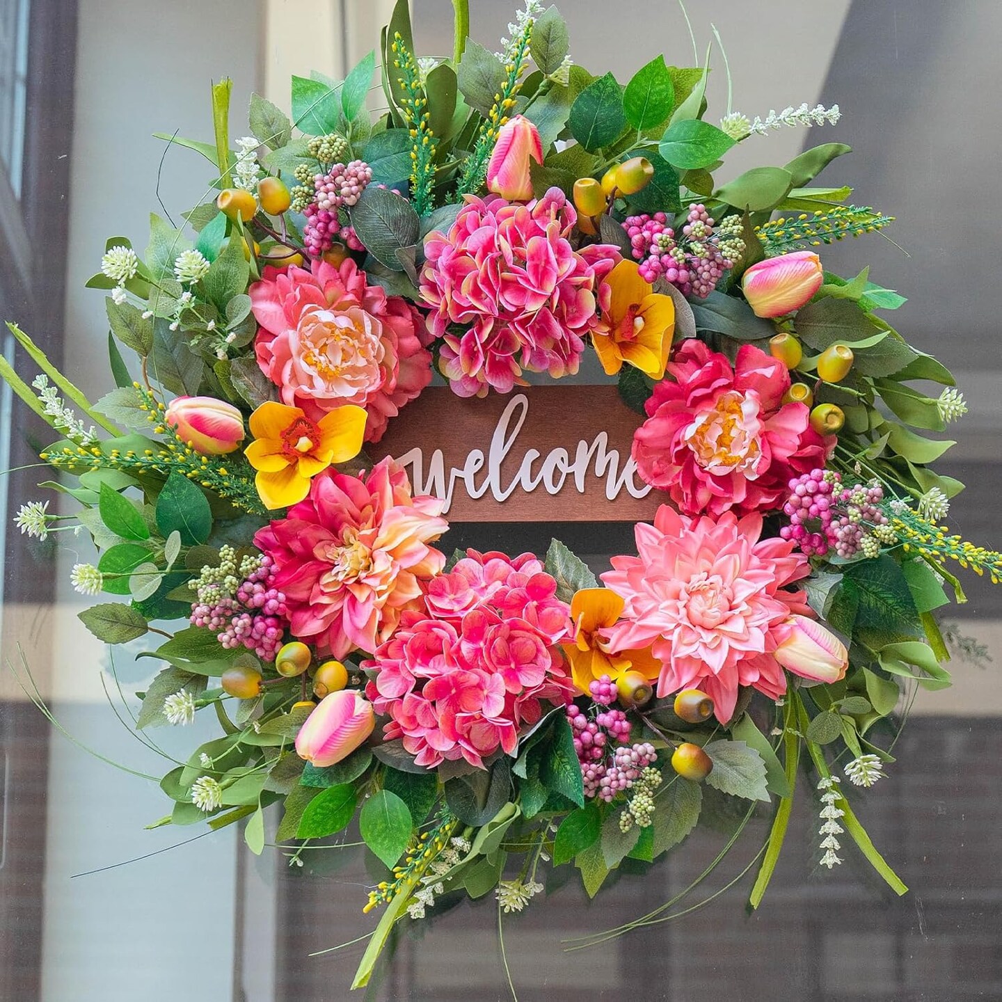 24" Outdoor Spring & Summer Wreath with Welcome Sign – Pink Peony & Hydrangea Floral Decor