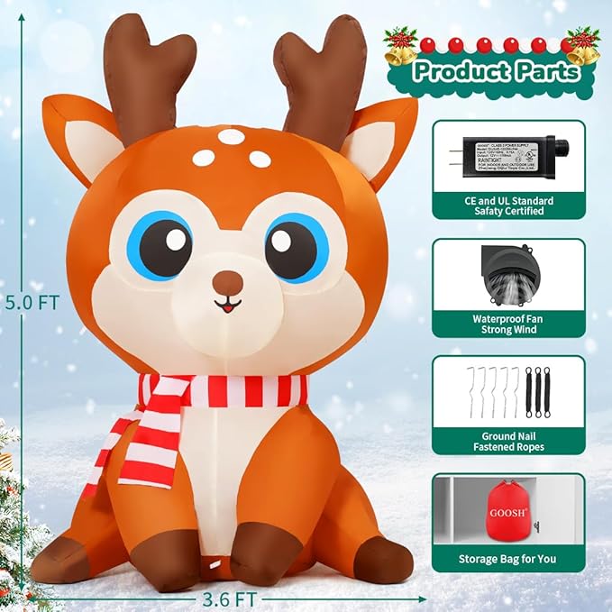 GOOSH 5 FT Christmas Inflatable Reindeer Cute Deer with Built-in LEDs
