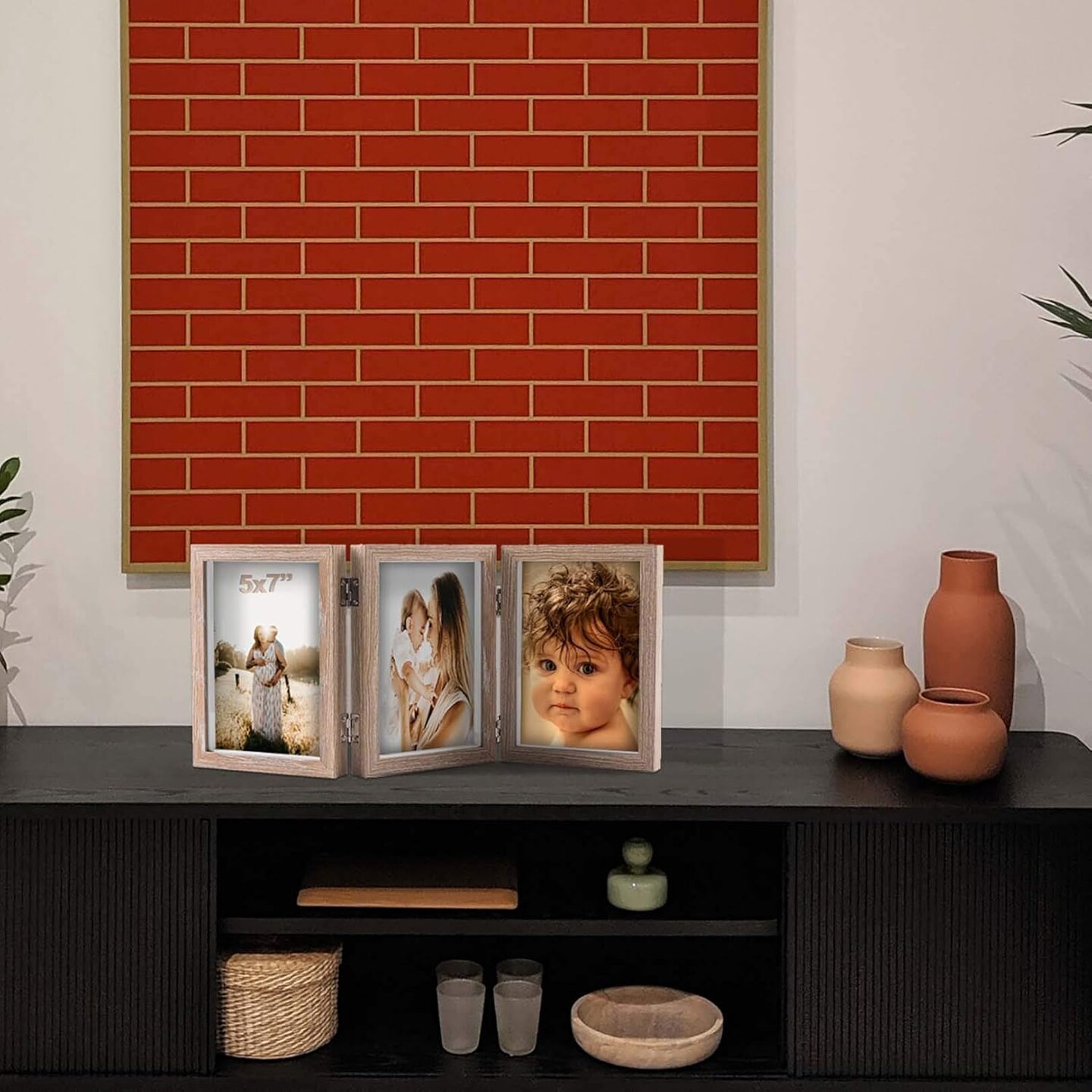 5x7 Triple Hinged Picture Frames Shadow Box MDF Wood Grain with Real Glass 3 Vertical Opening Family Lover Gift