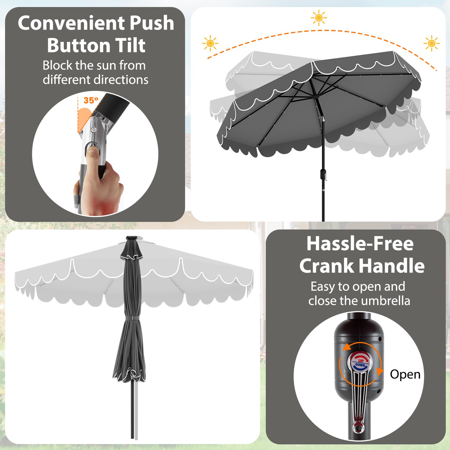 Polyester Auto-Tilt Solar Patio Umbrella with LED Lights and 10x8.3 ft Shade