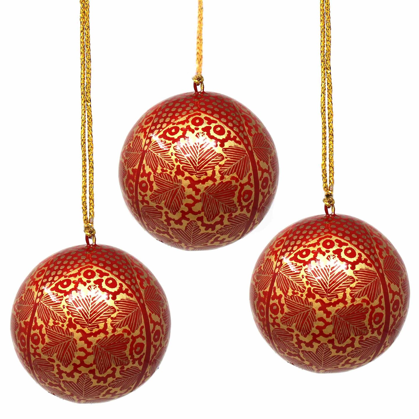 Pack of 3 Lightweight Handmade Paper Ornaments with Hand Painted Gold Chinar Leaves Designs