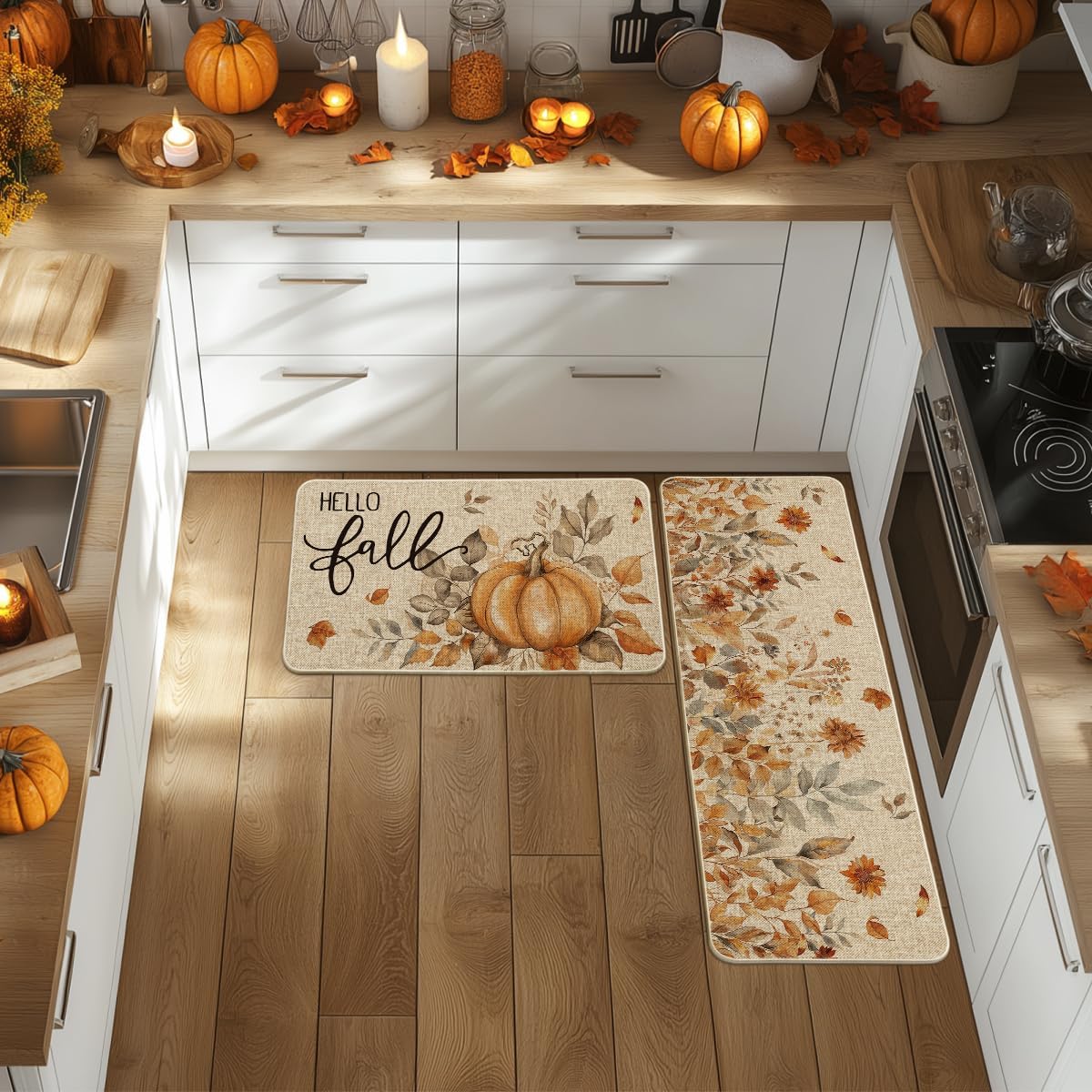 Pumpkin Sunflowers Hello Fall Kitchen Mats Set of 2, Autumn Home Decor Low-Profile Kitchen Rugs for Floor - 17x29 and 17x47 Inch