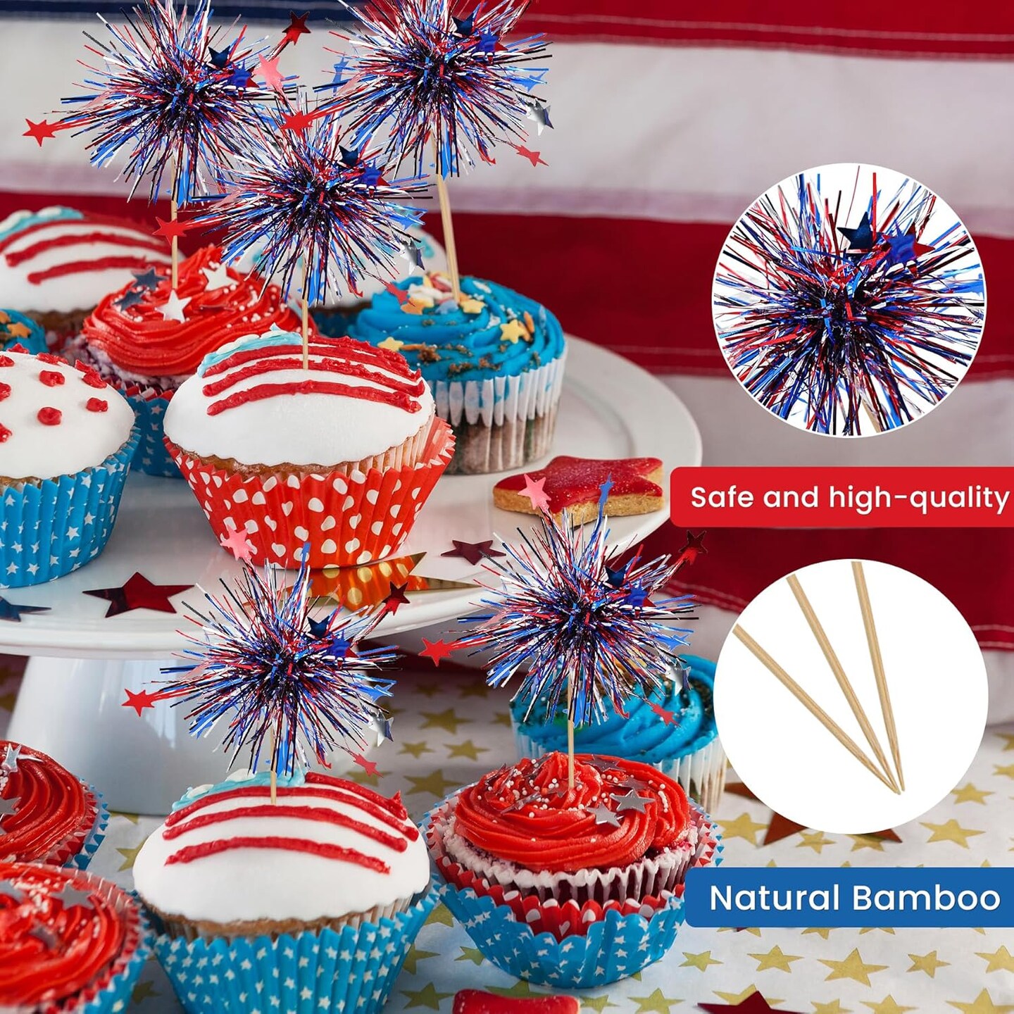 24Pcs American Patriotic Cupcake Toppers, 4th of July Foil Firework Cupcake Toppers Tinsel Drink Cake Decoration Picks Independence Day Decorations Supplies Favor