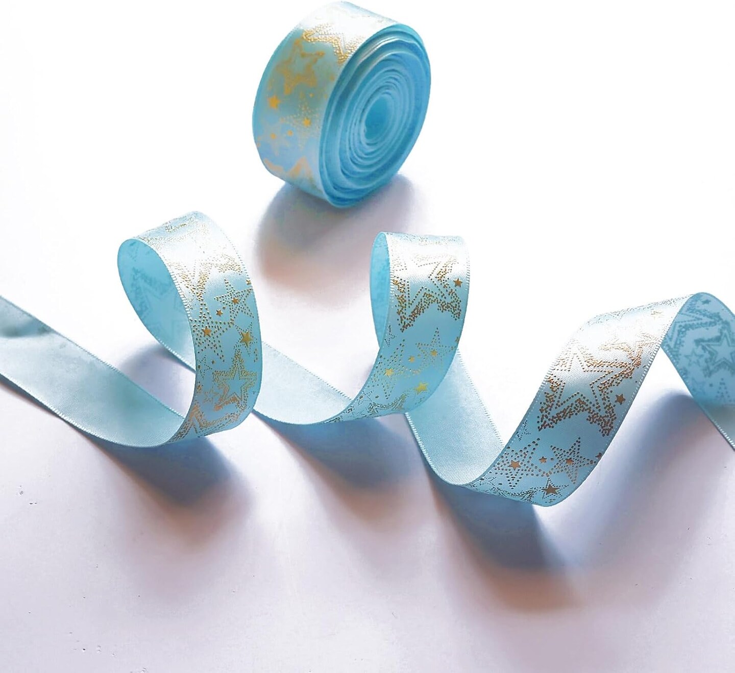 Light Blue Satin Ribbon with Gold Star -7/8 Blue Satin Ribbon (22mm 10 Yards for Gift Wrapping