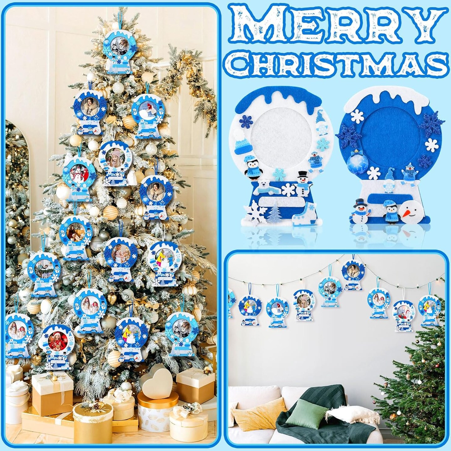 232 Pieces Winter DIY Picture Frames Craft Kit 32 Pieces Snow Photo Frames with 200 Stickers to Decorate for Xmas Winter Party Favor Classroom Home(Vivid Color,Fun Style)